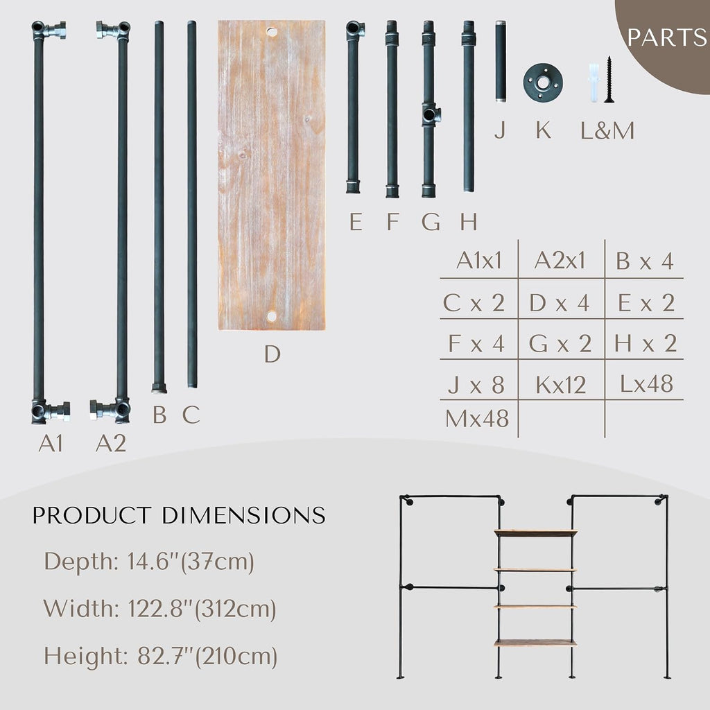 Industrial Pipe Clothing Rack Wall Mounted, DIY Custom Closet System with Shelves, Heavy Duty Garment Hanging Rack for Walk in Closet, Laundry Room, Retail Display, 14.6x122.8x82.7 in, Y05