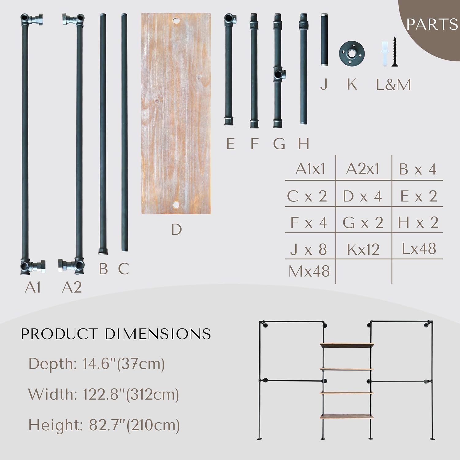 Industrial Pipe Clothing Rack Wall Mounted, DIY Custom Closet System with Shelves, Heavy Duty Garment Hanging Rack for Walk in Closet, Laundry Room, Retail Display, 14.6x122.8x82.7 in, Y05