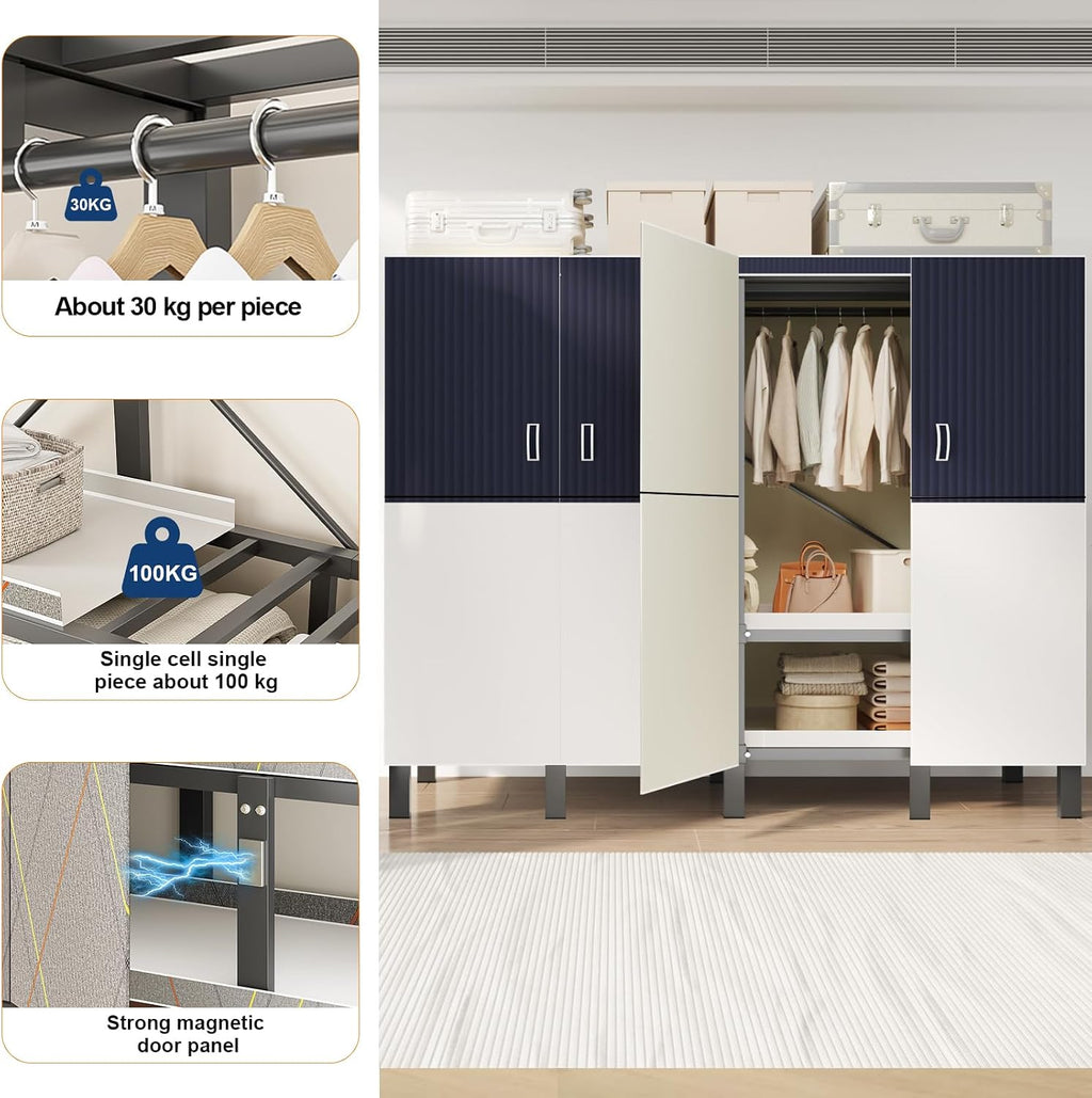 Large Portable Closets for Hanging Clothes | Heavy Duty Clothes Rack with Cover Foldable | Max Load 1000LBS Portable Wardrobe | Portable Closet, Double Rods Bedroom (Blue-magnetic door, 70.8')