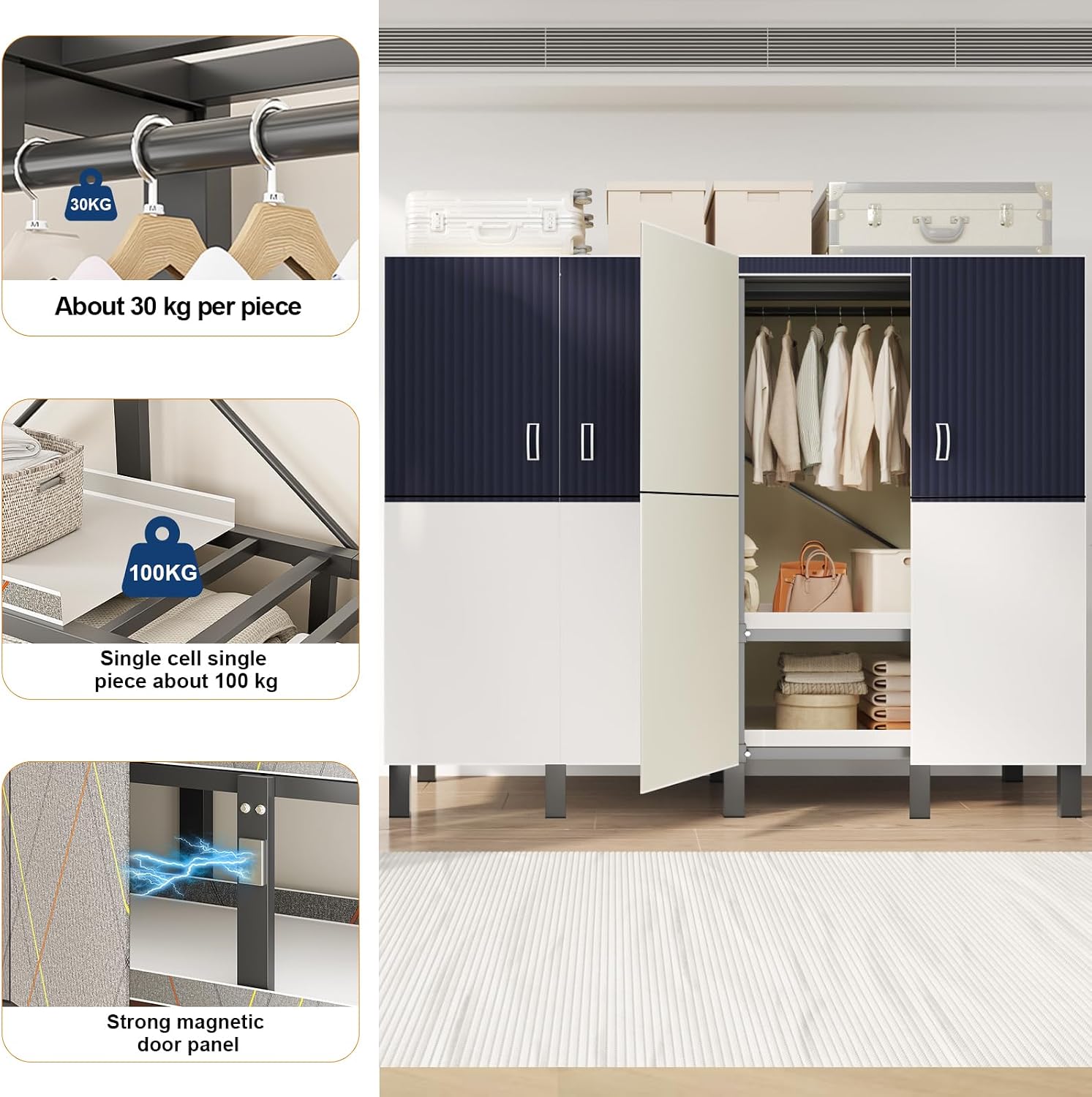 Large Portable Closets for Hanging Clothes | Heavy Duty Clothes Rack with Cover Foldable | Max Load 1000LBS Portable Wardrobe | Portable Closet, Double Rods Bedroom (Blue-magnetic door, 70.8')