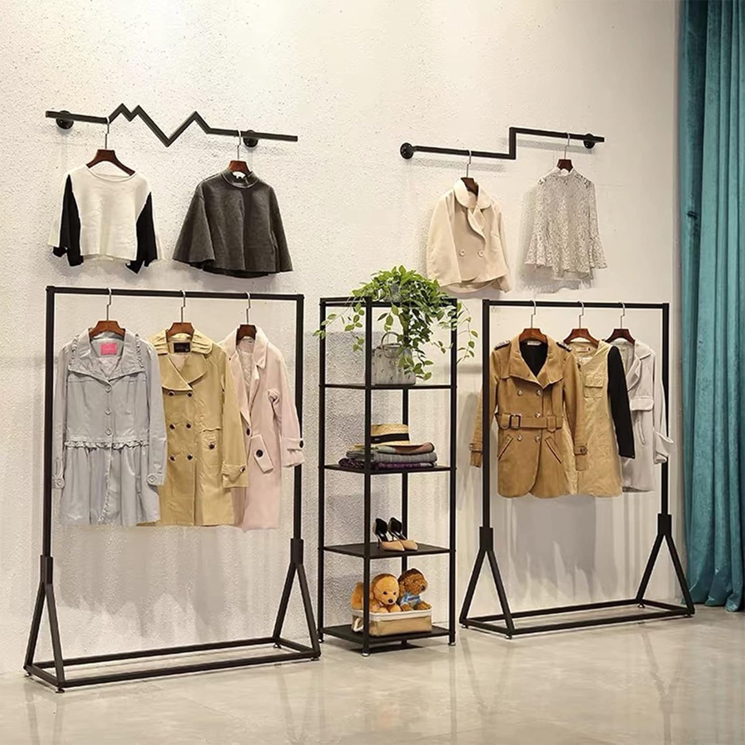 Modern Simple Heavy Duty Metal Rolling Clothing Garment Rack with Wheel,Creative Commercial Wedding Dress Display Shelf,Single Rod Floor-Standing Clothes Hangers (Black without Wood, 47.2' L)