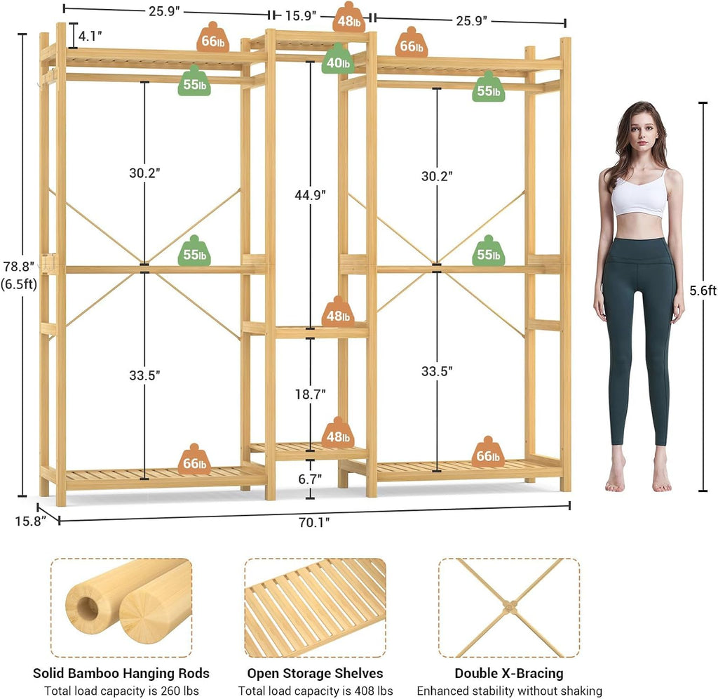Homykic Bamboo Closet System, Large Clothing Rack for Hanging Clothes, Freestanding Clothes Rack with 7 Shelves & 5 Hanging Rods, Open Wardrobe Closet Organizer Garment Rack with 4 Hooks
