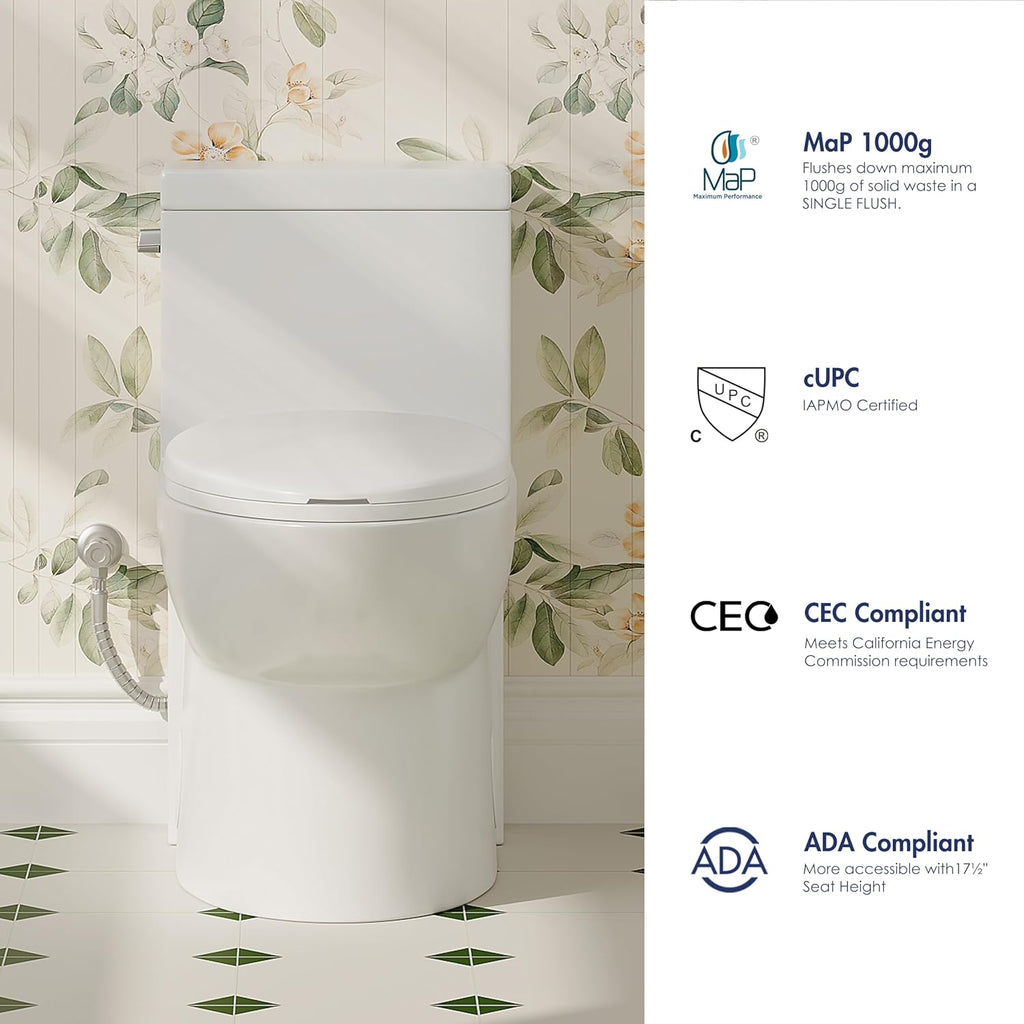Eridanus One Piece Toilets for Bathroom, Elongated Toilet with Compact Soft Closing Seat, ADA Compliant 17' Toilet Bowl, 12' Rough in, Left Handle Powerful Flush 1.28GPF, Modern Ceramic Model 321S