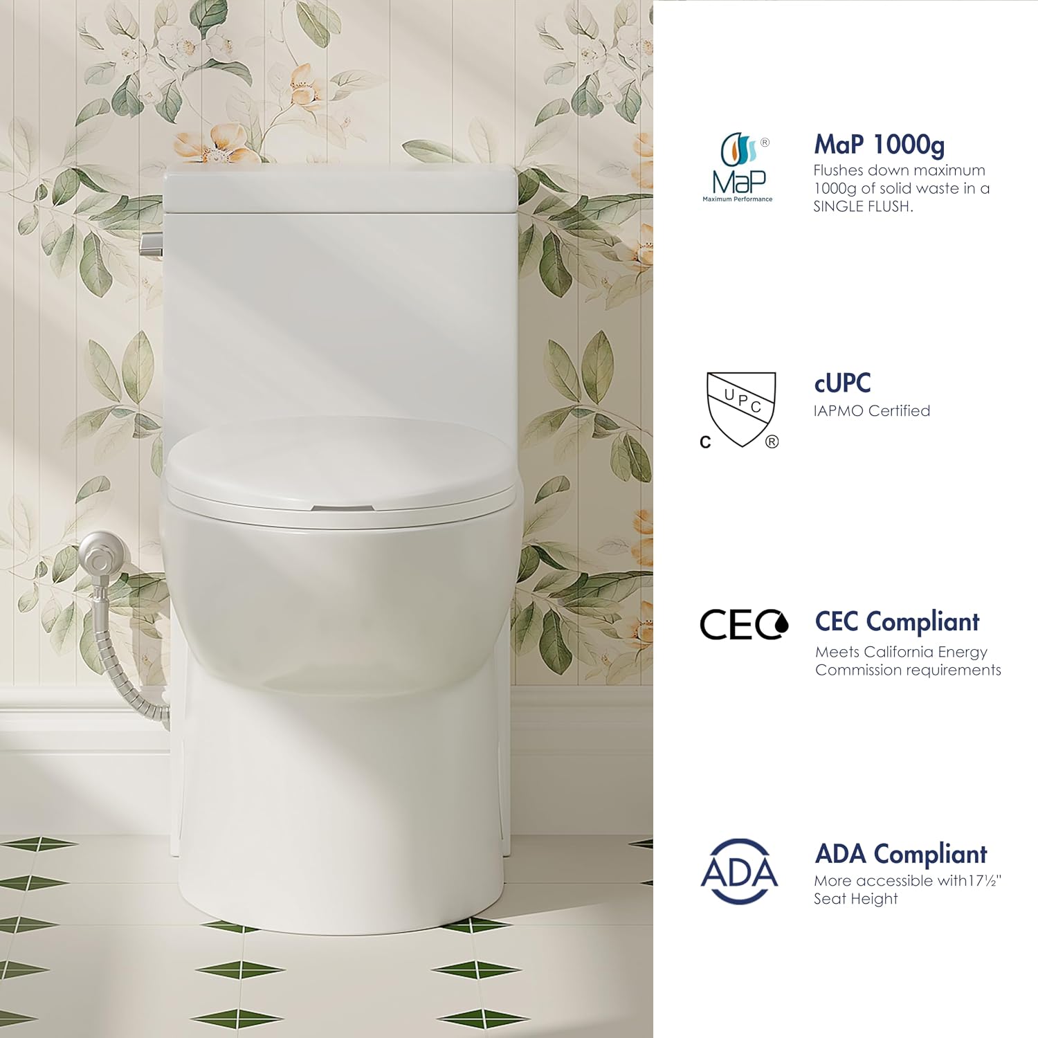 Eridanus One Piece Toilets for Bathroom, Elongated Toilet with Compact Soft Closing Seat, ADA Compliant 17' Toilet Bowl, 12' Rough in, Left Handle Powerful Flush 1.28GPF, Modern Ceramic Model 321S