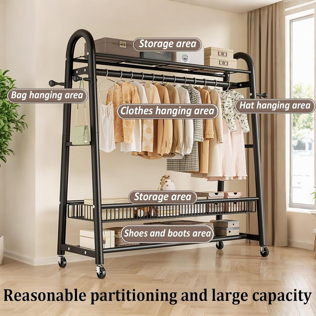 Heavy Duty Clothes Rack, Clothing Racks For Hanging Clothes, With Mesh Shelf, Rolling Garment Rack With Wheels, For Shirts, Coats, Jackets(White,100cm)