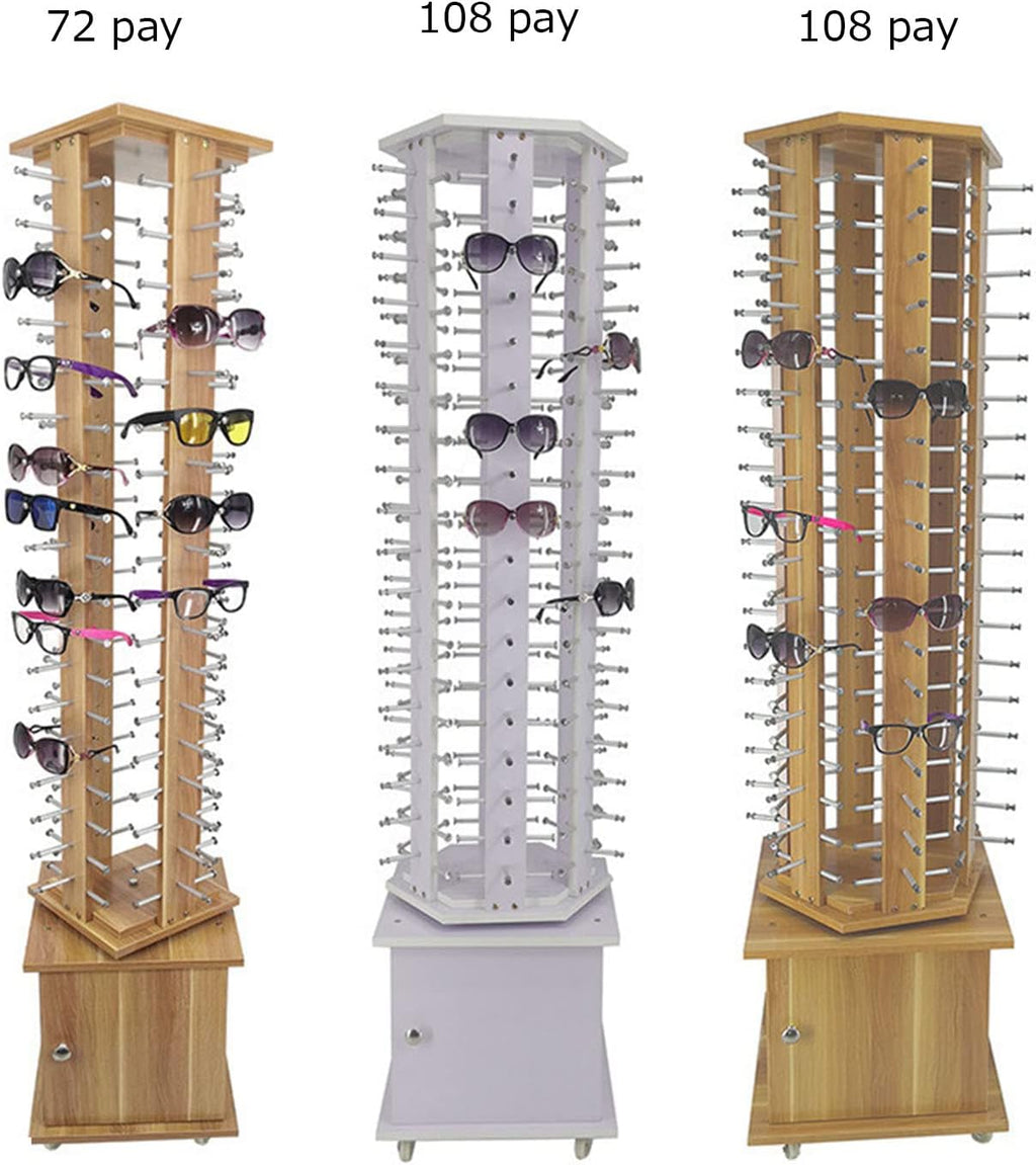 Mobile Floor Standing Rotating Glasse Storage Display Stand Organizer,Wooden Retail Sunglass Display Rack 72-108 Pairs Eyewear Holder (90 Pairs White)