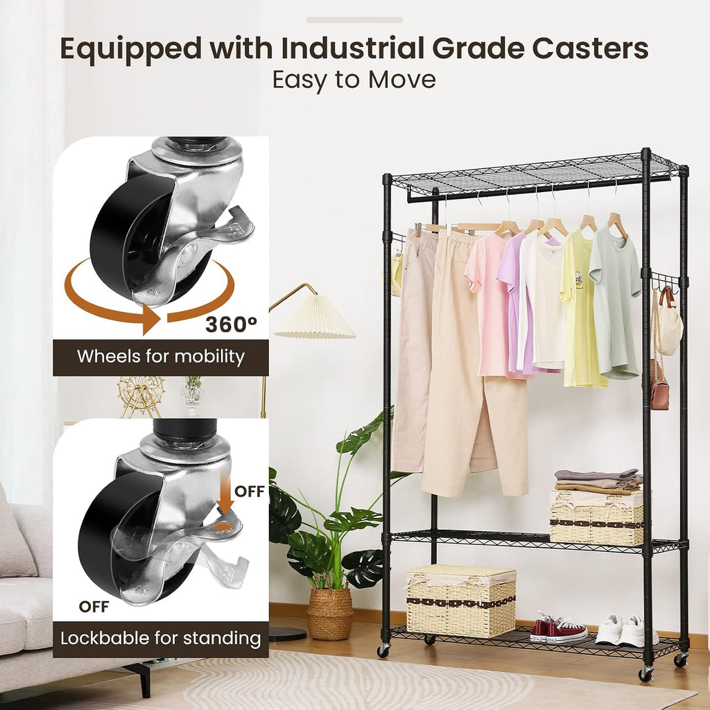 Homdox Garment Rack with 3 Tier Wire Adjustable Shelves, Rolling Clothes Rack Heavy Duty, 1 Hanging Rod, 2 Side Hooks, Black