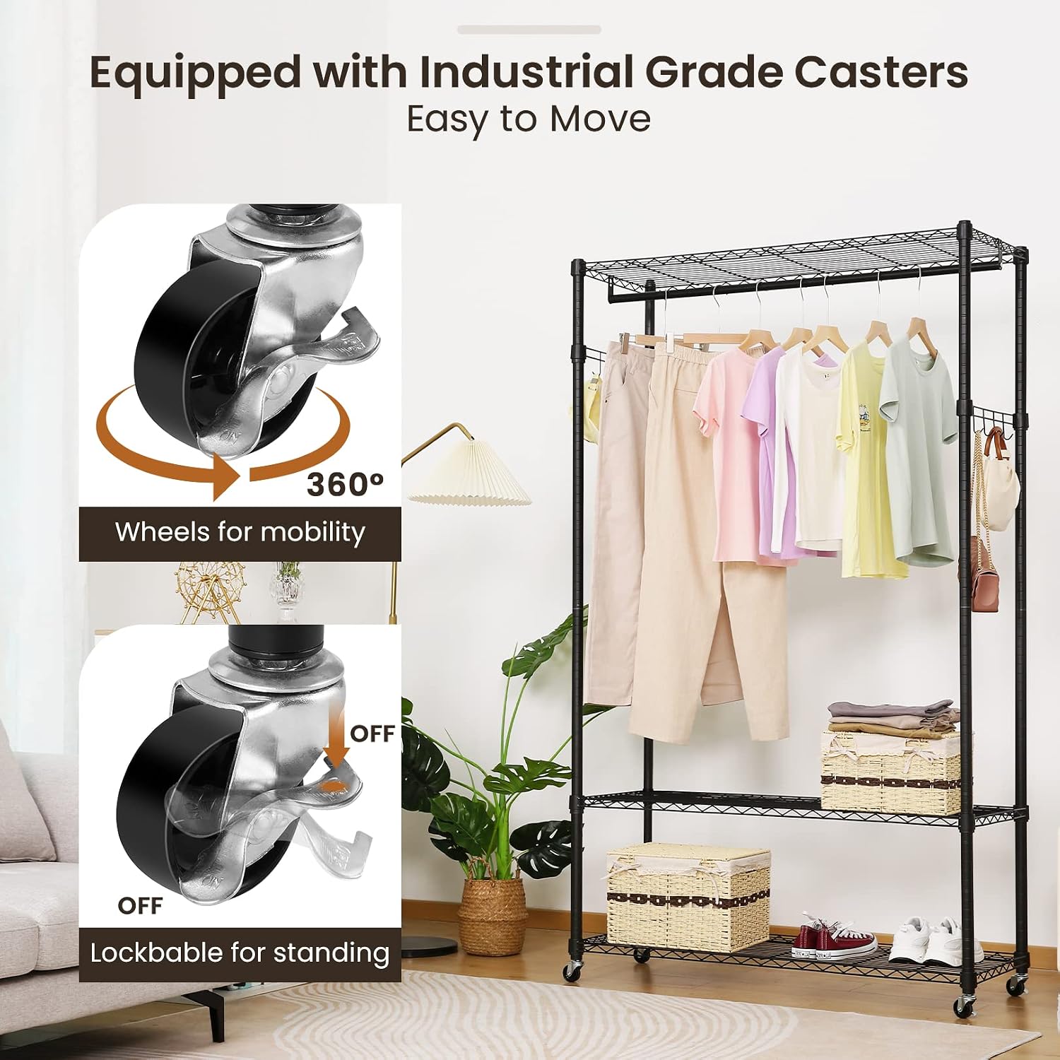 Homdox Garment Rack with 3 Tier Wire Adjustable Shelves, Rolling Clothes Rack Heavy Duty, 1 Hanging Rod, 2 Side Hooks, Black