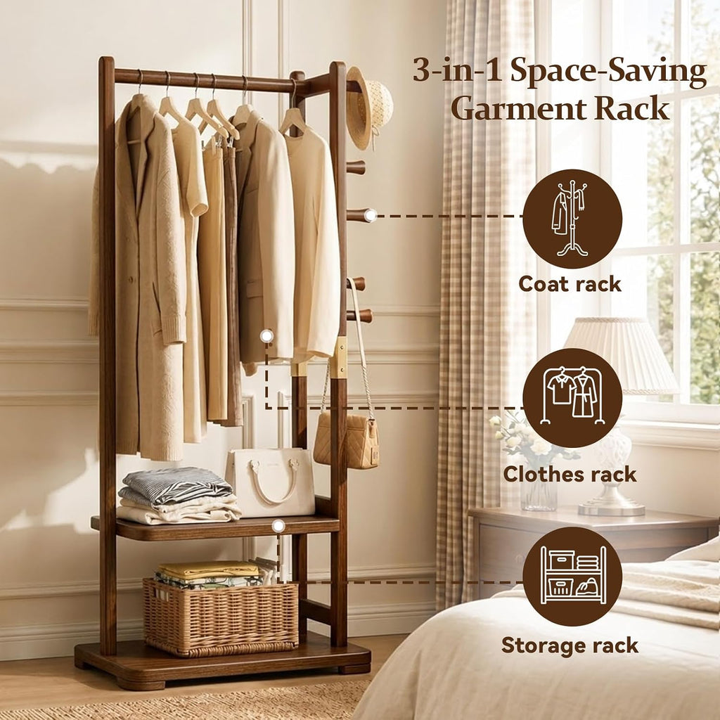Taitiy Coat Rack Solid Wood Clothes Rack with 2 Shelves & 5 Hooks for Hanging Clothes Garment Wallets Hats, Clothing Rack Coat Rack Freestanding Hall Tree with Storage for Hallway Bedroom Living Room