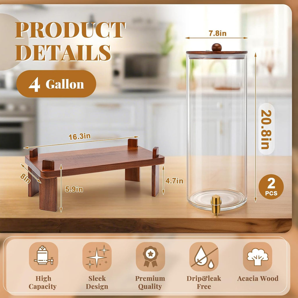 FillTouch 2 Pack 4 Gallon Glass Drink Dispenser with Acacia Wood Stand and Lid, Large Glass Beverage Dispenser with Spigot Perfect for Juice, Tea, Sangria, Lemonade, Weddings, Party, Outdoor Events