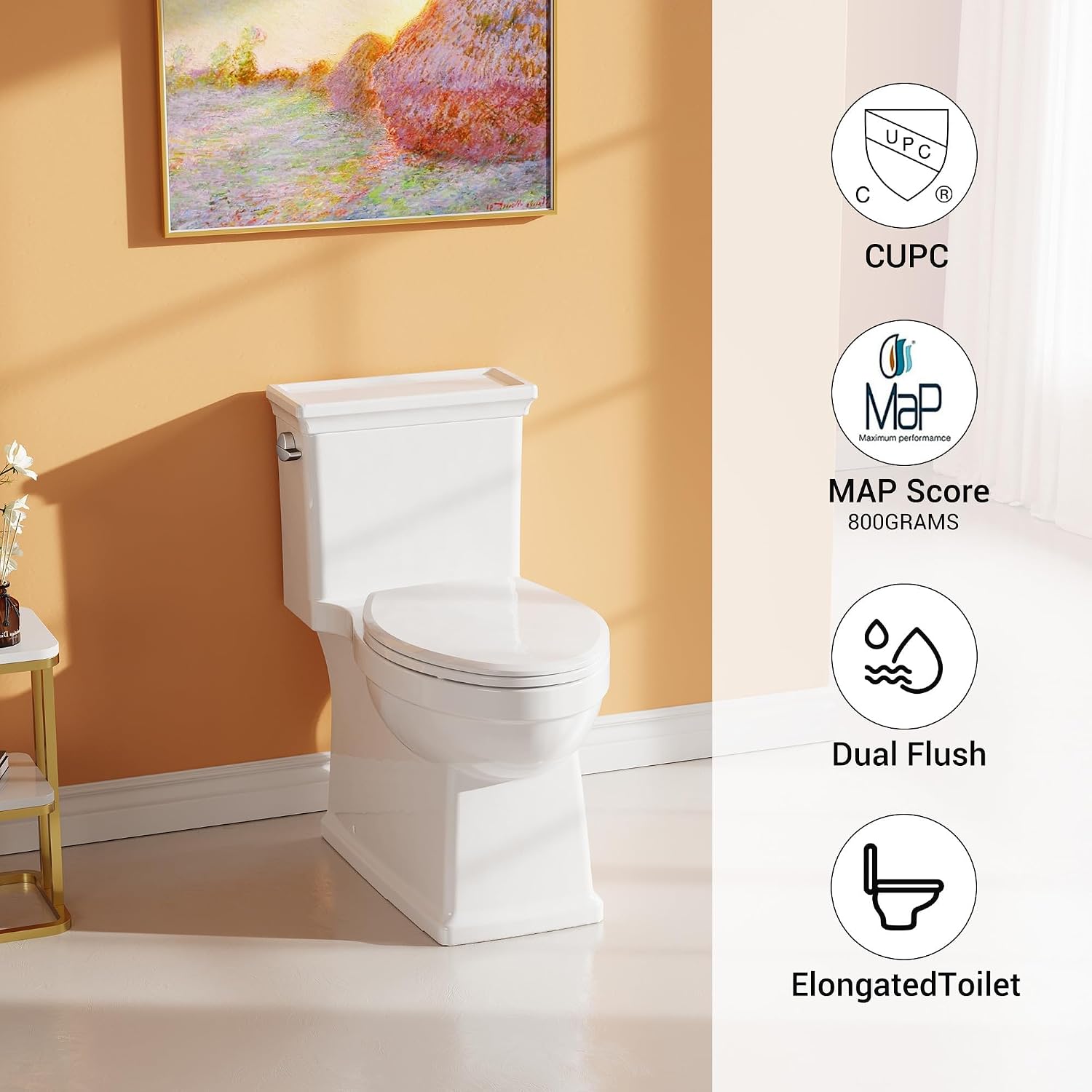 One-Piece Toilet with Elongated Bowl, 1.28 GPF Water-Saving Single Flush, 12-Inch Rough-in, Soft-Close Seat, Left-Hand Lever, Comfortable Height, Bathroom Fixture