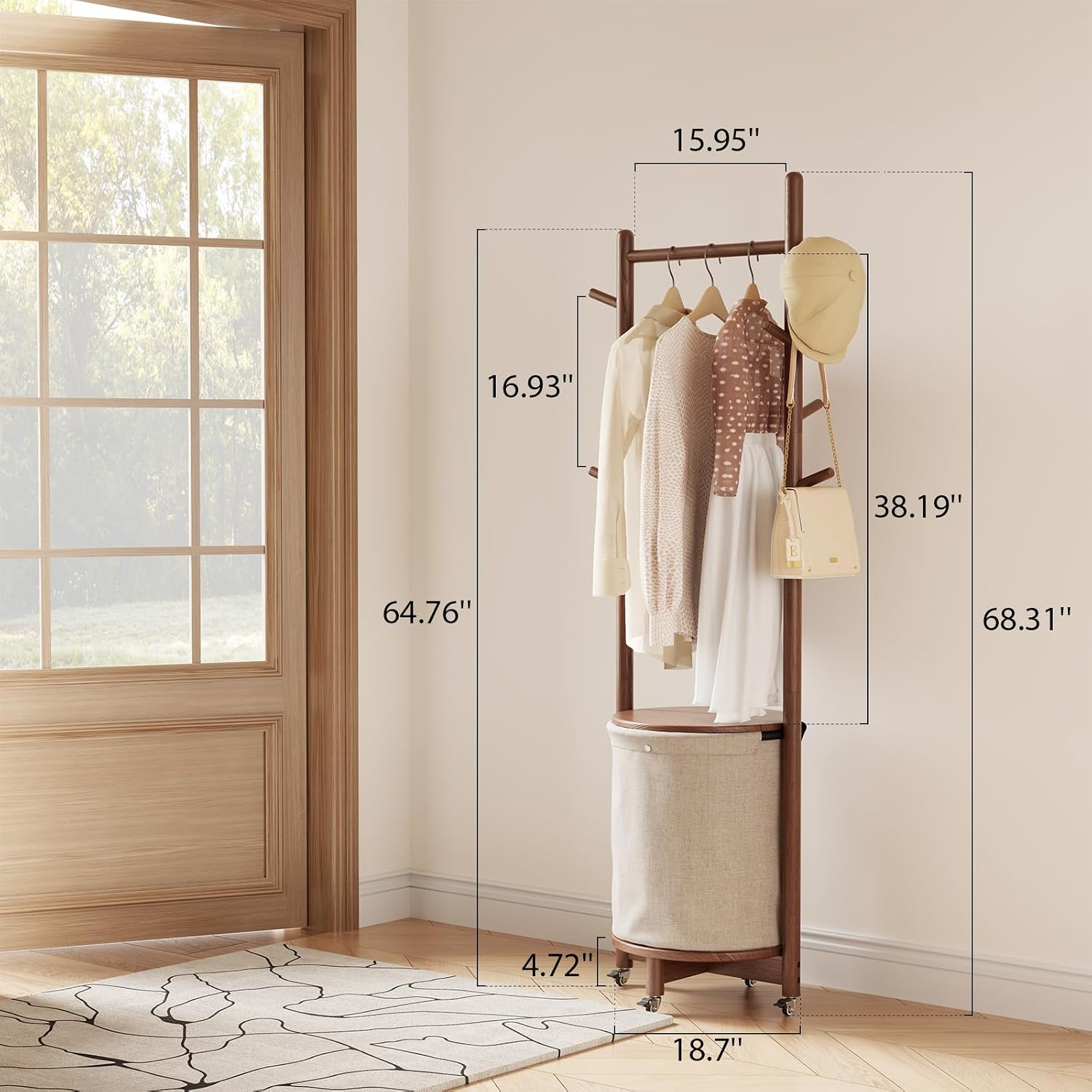 CycleCrew Solid Wood Coat Rack with Fabric Basket - Freestanding Coat Rack Rolling Coat Tree with 9 Hooks Wheels, Small Clothes Rack For Entryway Bedroom Hallway Living Room