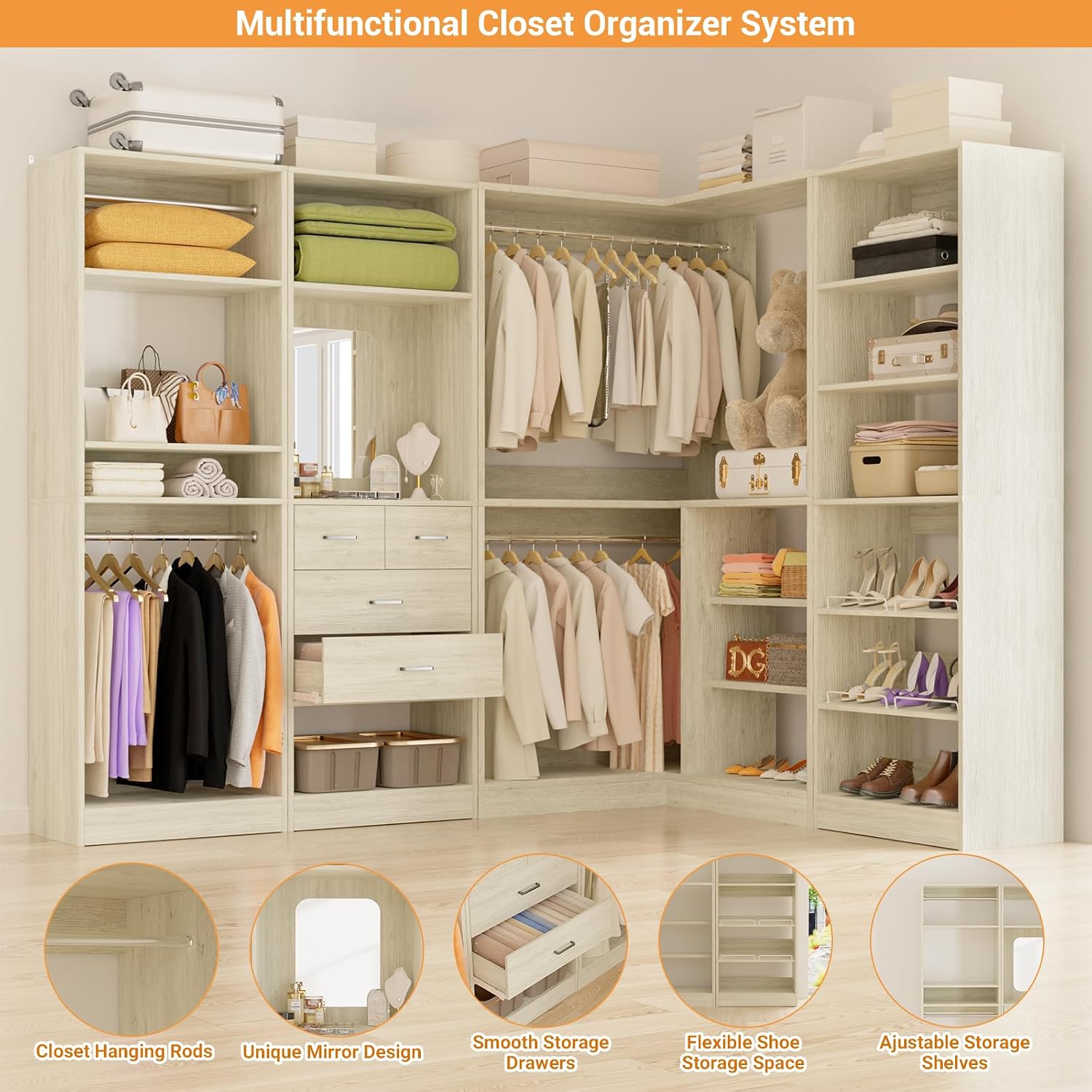 Unikito 110' Closet System with Drawers, 9.3FT Corner Closet Organizer with 4 Hanging Rods, Reversible Large Wood L Shaped Walk in Closets Wardrobe with Shoe Shelves, Set of 4, White Oak