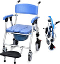 Bedside Commode with Wheels - Anti-Sponge Padded Seat, Foldable Mobile Toilet Shower Stool with 300 LBS Weight Capacity, Portable Toilet with Bucket for Elderly and Disabled