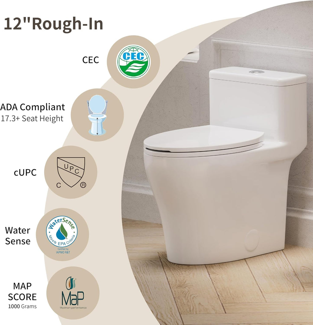 KE KING Compact One Piece Toilet,ADA Height 17.3+',Modern Toilet with Comfort Chair Seat, Dual Flush 0.8/1.28 GPF Elongated Toilet for Bathroom, MAP 1000g,12' Rough-In,white