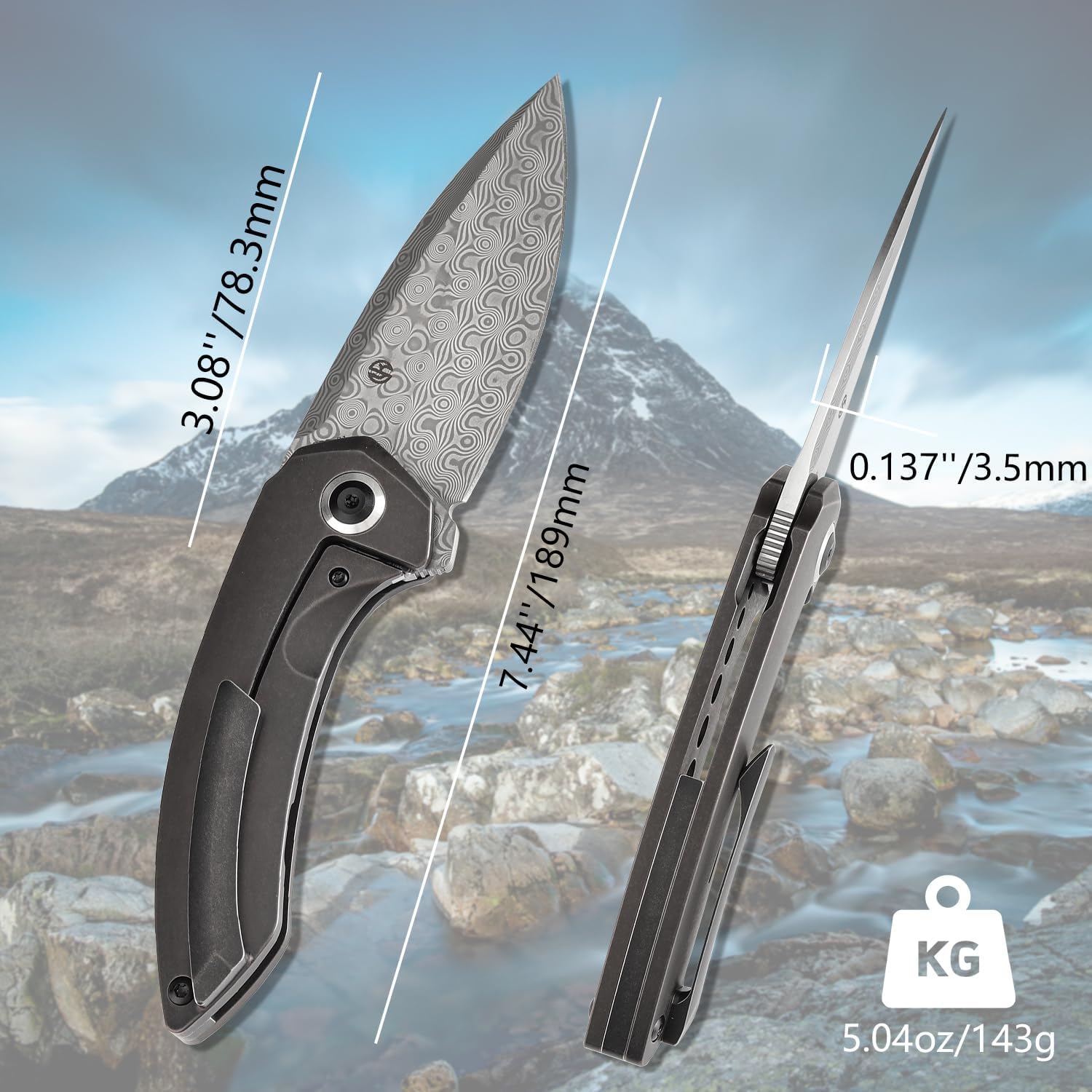KANSEPT ODD 21 Pocket Folding Knives for Camping Hiking Folding Knife 3.06'' Damascus Blade EDC Knife with Blackwash Titanium with Bronze Anodized Handle for Men and Women Everyday Carry K1077A3