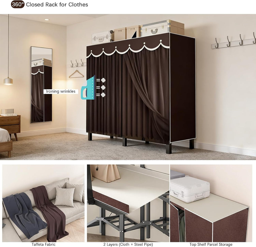 95.3in Foldable Portable Wardrobe Closet with Cover, Heavy Duty Clothing Rack for Hanging Clothes has 59in Vertical Storage Space, Coffee Metal Garment Rack (Coffee)