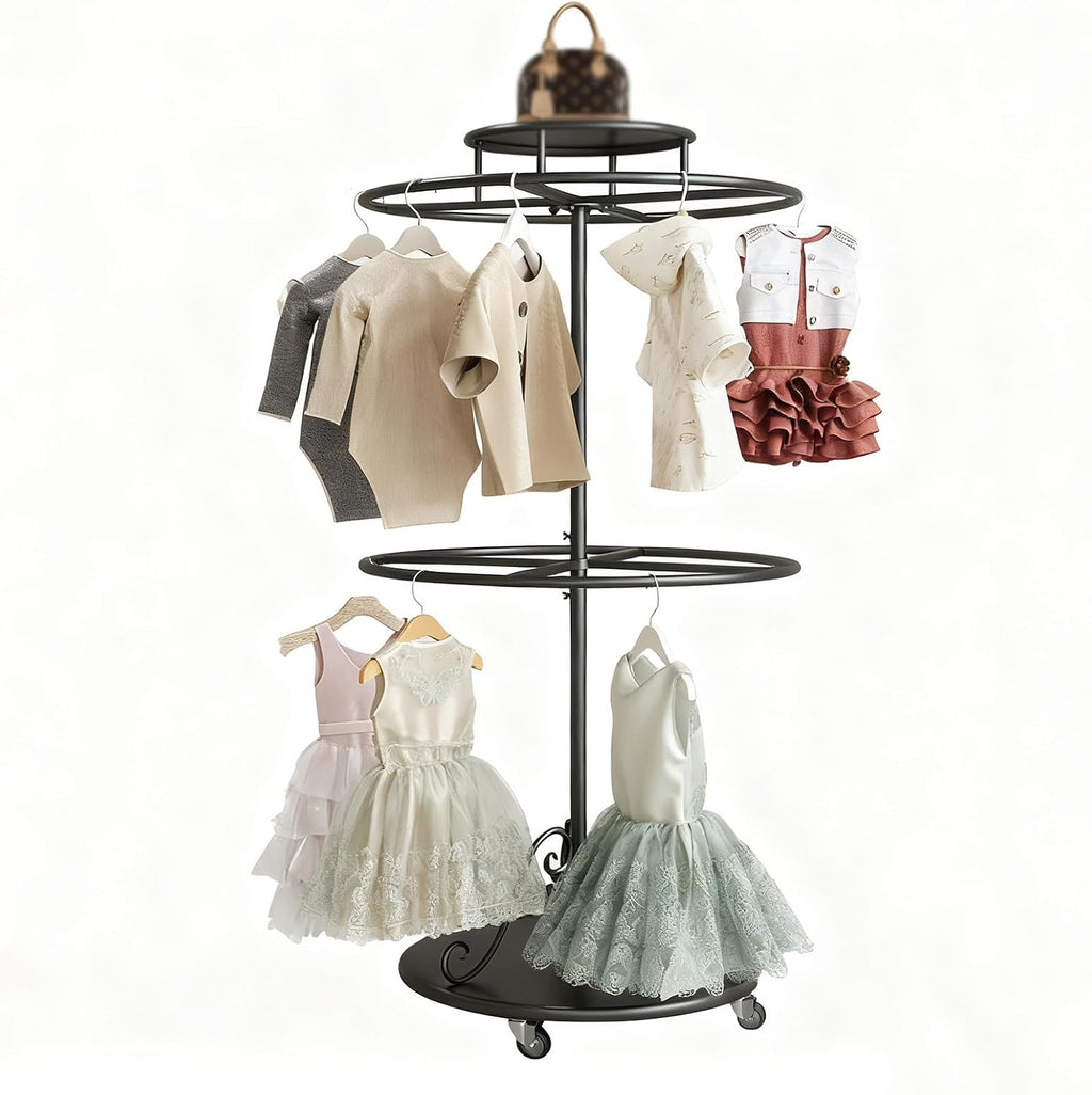 Rotatable Round Clothes Rack, 2-tier Retail Kids Garment Rack with Top Shelf and Wheels, Retail Clothing Display Stand with Wheels, for Boutique Retail Display(Black)