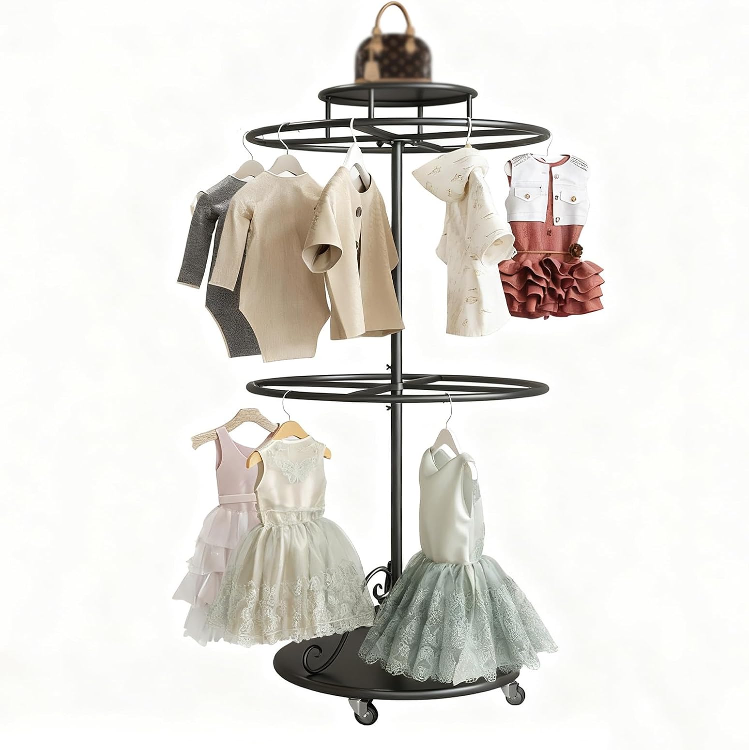 Rotatable Round Clothes Rack, 2-tier Retail Kids Garment Rack with Top Shelf and Wheels, Retail Clothing Display Stand with Wheels, for Boutique Retail Display(Black)