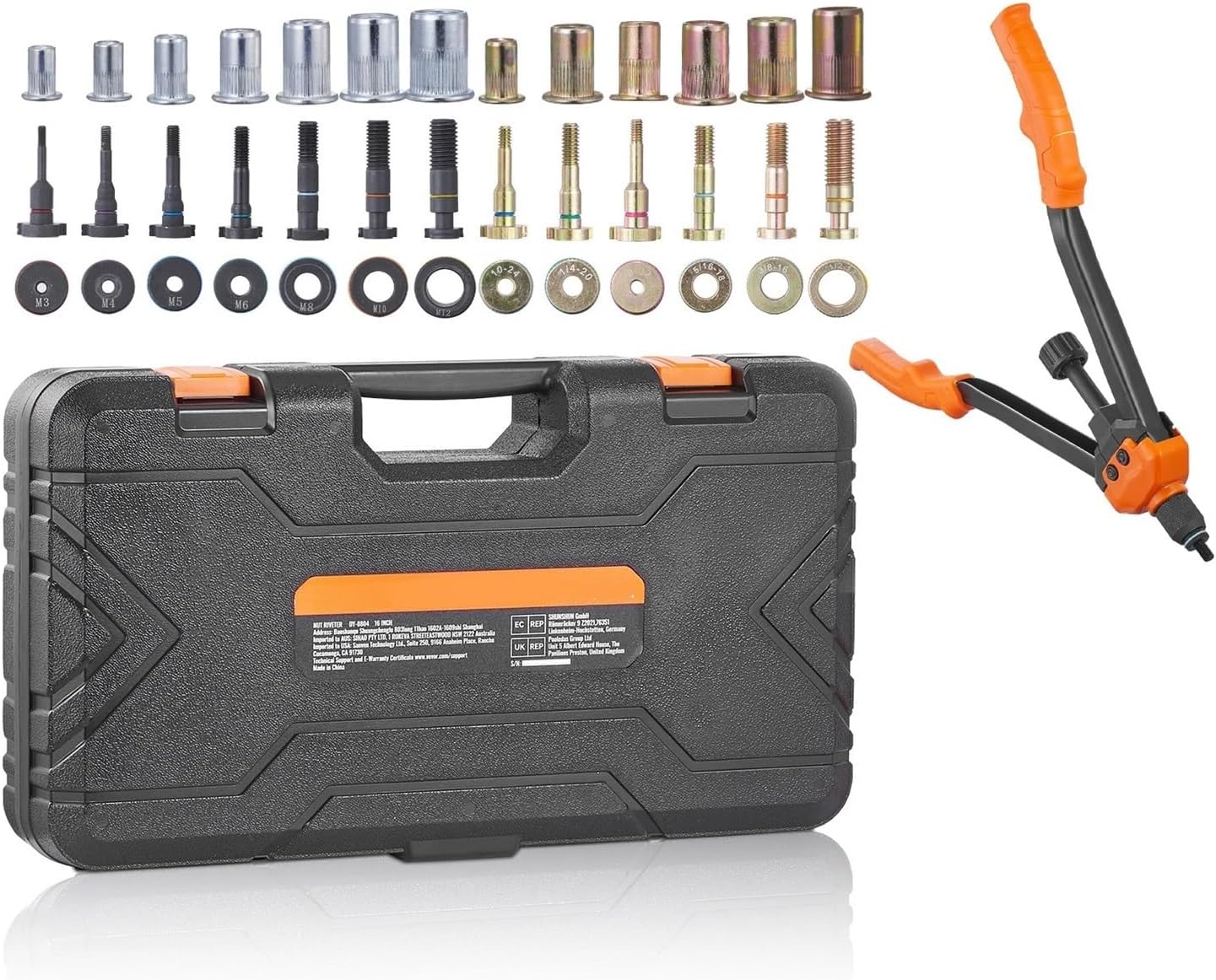 16' Rivet Nut Tool, Labor-Saving Rivnut Tool Kit with 13PCS Metric SAE Mandrels, 186PCS Rivet Nuts, with Carrying Case