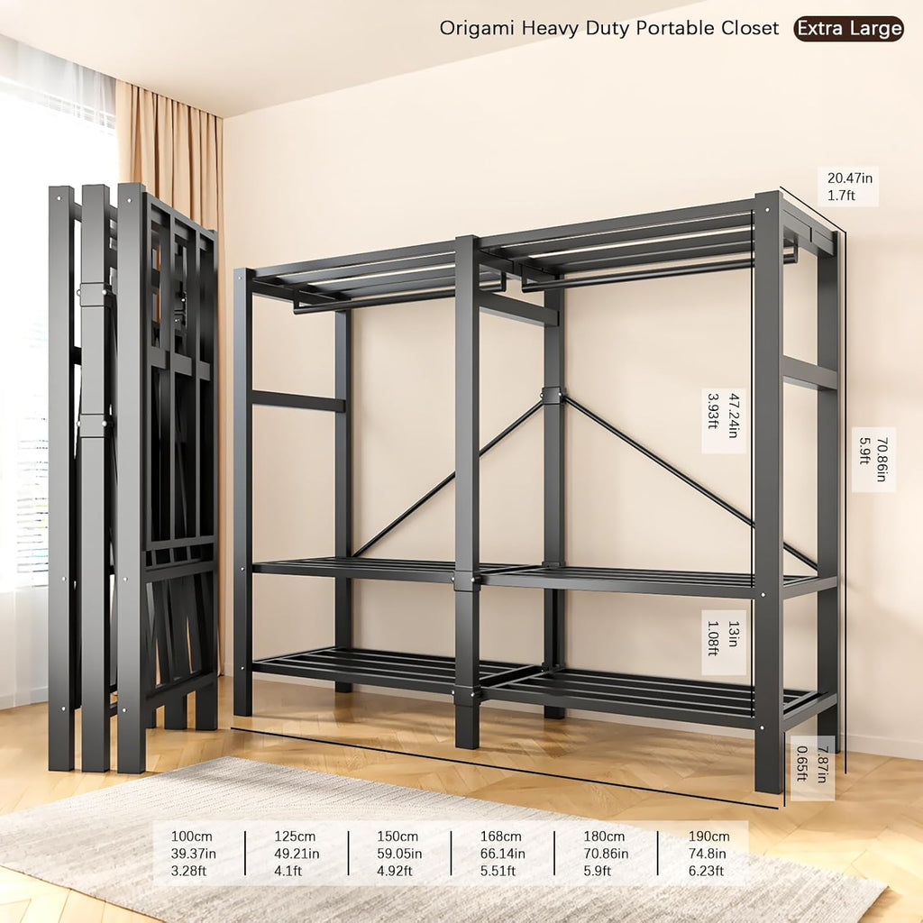 Foldable Portable Armoire Wardrobe Closet for Hanging Clothes Rack, Heavy Duty Covered Clothes Rack with Cover(HARDBOARD Magnetic), Closet Garment Rack for Bedroom Storage (KT Grey, 66.14in)