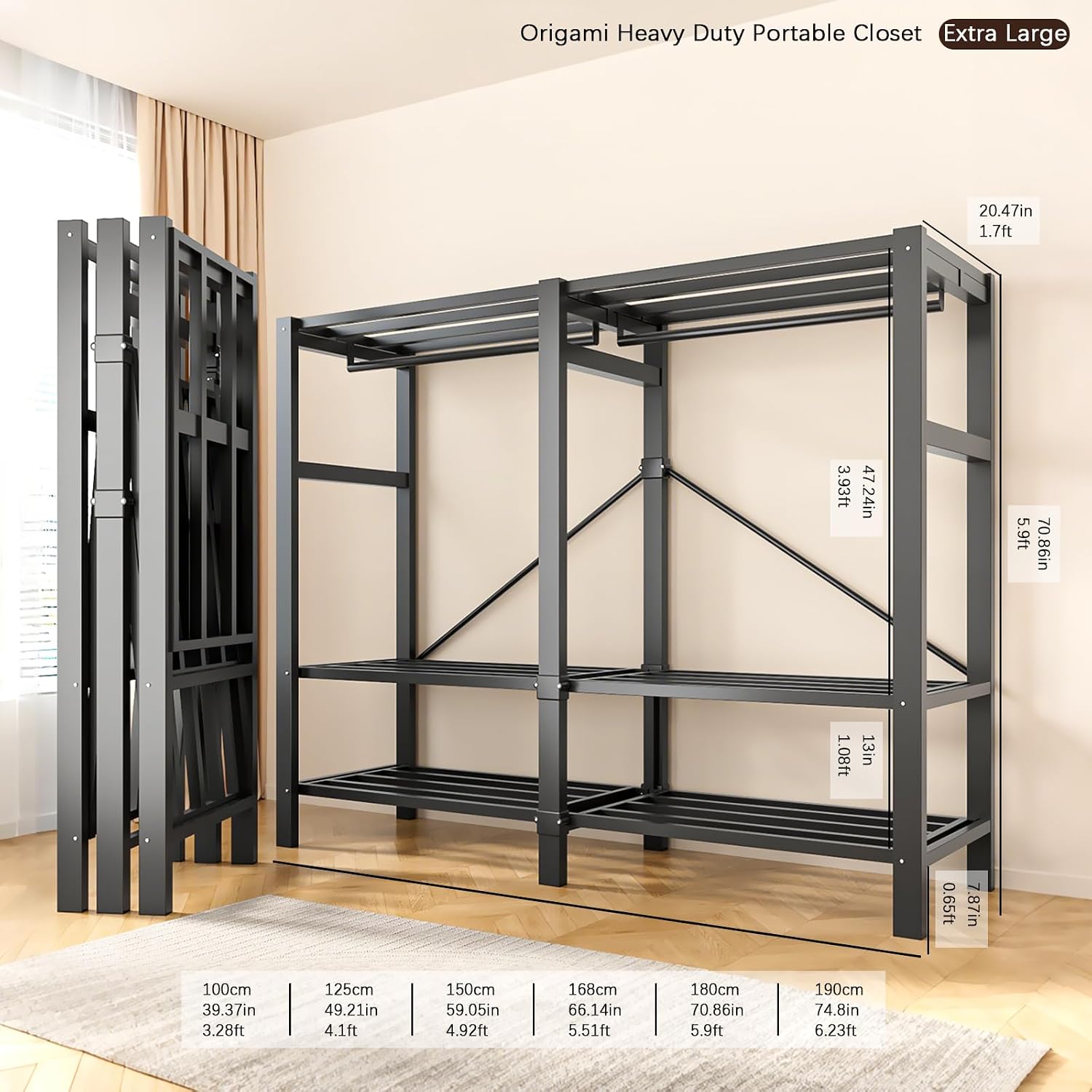 Foldable Portable Armoire Wardrobe Closet for Hanging Clothes Rack, Heavy Duty Covered Clothes Rack with Cover(HARDBOARD Magnetic), Closet Garment Rack for Bedroom Storage (KT Grey, 74.8in)