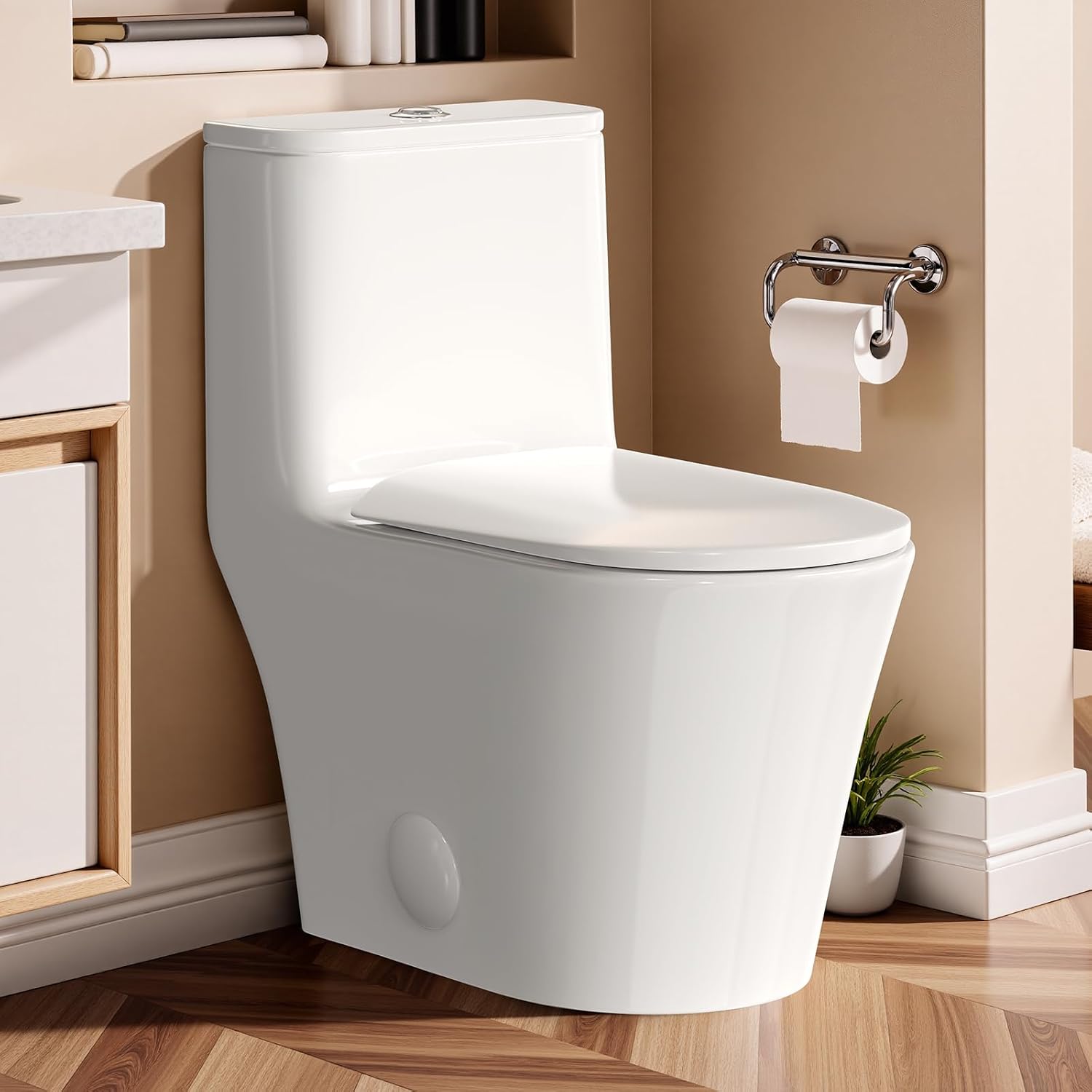 Modern One Piece Toilet,Dual Flush 0.87/1.45 GPF Toilet with Quiet Soft Close Seat,Minimalist Space-saving Design, Standard 12' Rough-In,Easy Clean Ceramic Bowl, White Finish
