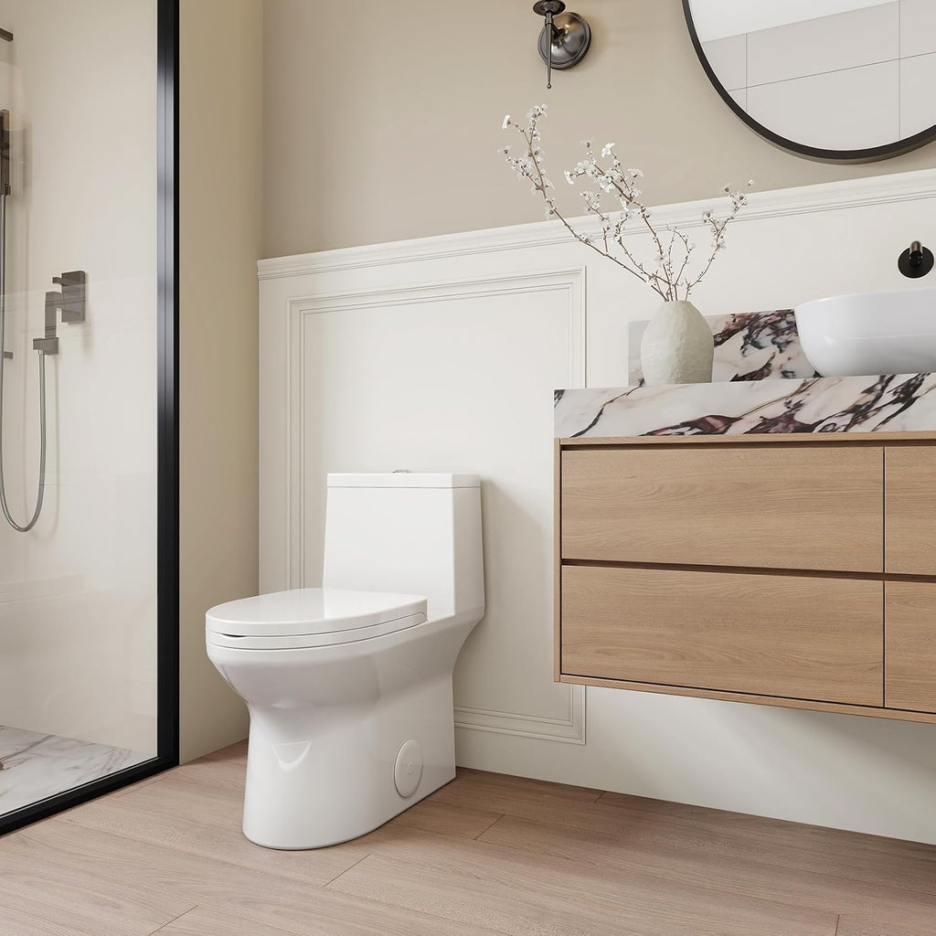 SOTOMO Compact ADA Toilet, 12' Rough-in Elongated One-Piece Toilet with Quick Release & Soft Close Toilet Seat, 1.1/1.6 GPF Dual Flush Water-Saving White, aMJ-T138