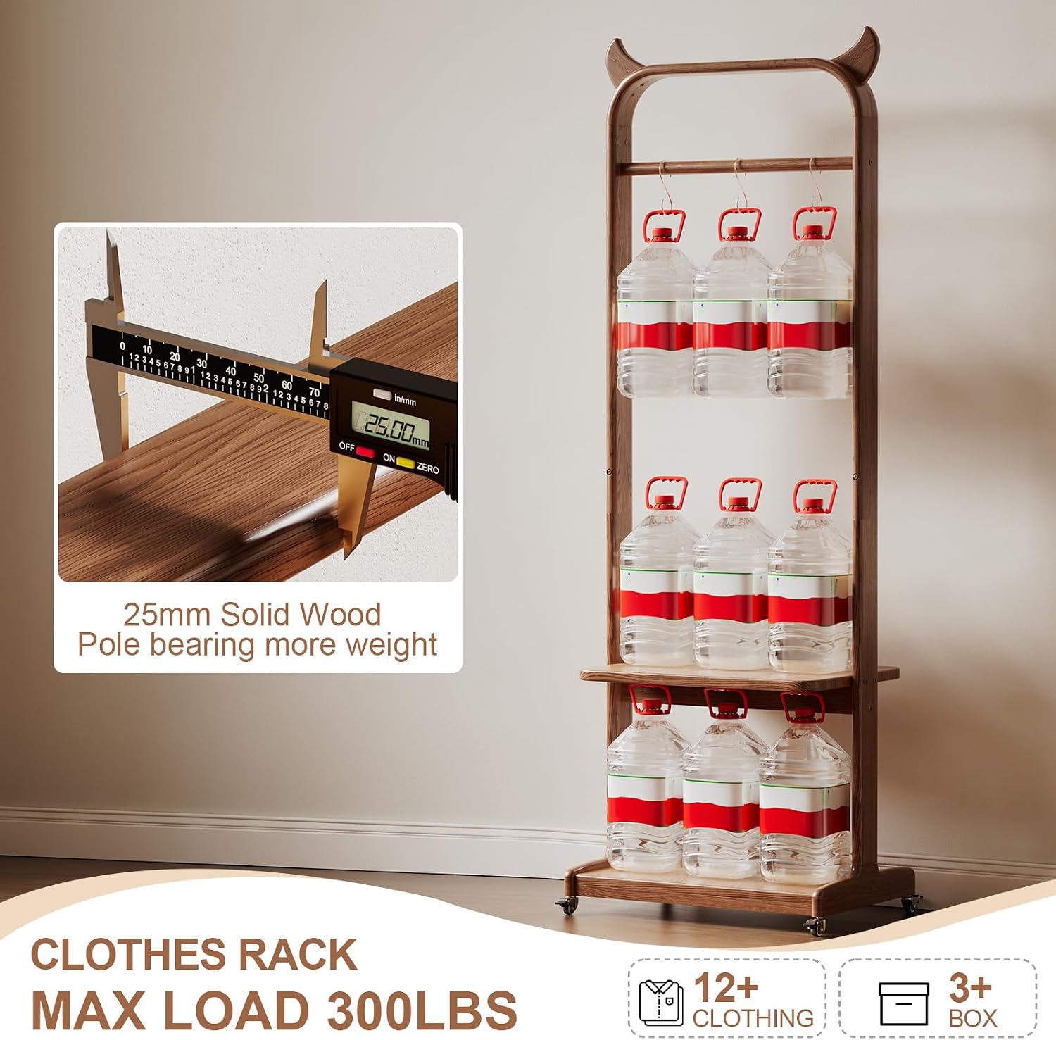 Solid Wood Clothing Racks with Shelves, Rolling Clothes Rack for Hanging Clothes Load 300 LBS, Portable Garment Rack with Wheels for Small Space (Walnut)