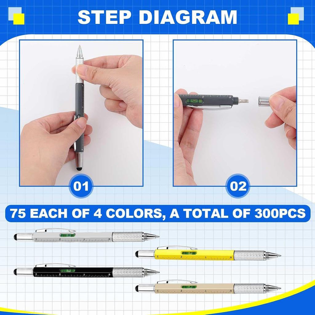 Zhanmai 300 Pcs Gift for Men Multitool Pen 6 in 1, Screwdriver Tool Multi Functional Pen for Dad Husband Grandpa Birthday Gift Level Ballpoint Stylus (Gold, Black, Silver, Yellow)