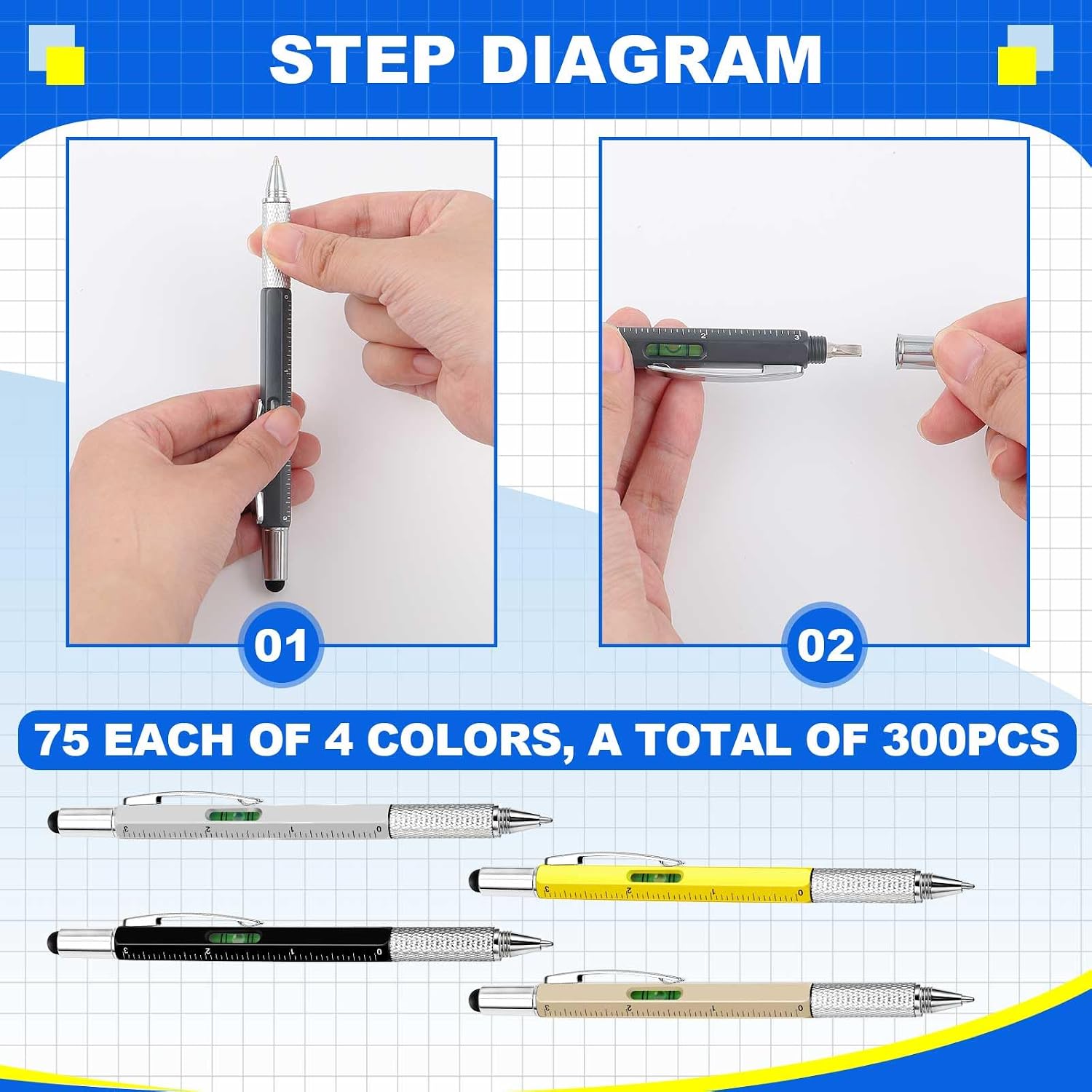 Zhanmai 300 Pcs Gift for Men Multitool Pen 6 in 1, Screwdriver Tool Multi Functional Pen for Dad Husband Grandpa Birthday Gift Level Ballpoint Stylus (Gold, Black, Silver, Yellow)