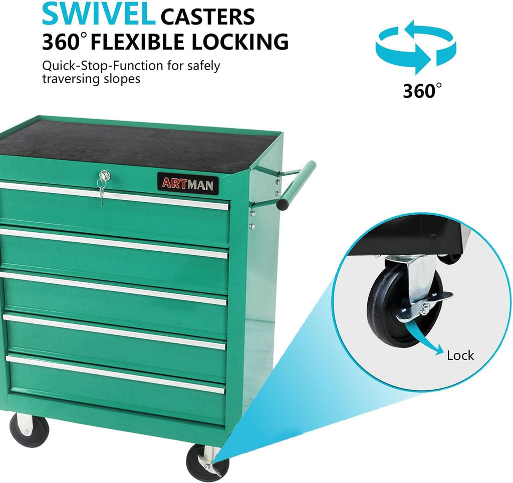 5-Drawer Tool Cart on Wheels, Drawers Rolling Tool Chest with Key Lock, Mobile Trolley Organizer Tools Box with Locking Wheels & Ball Bearing Drawers for Garage,Warehouse,Repair Shop (Green)