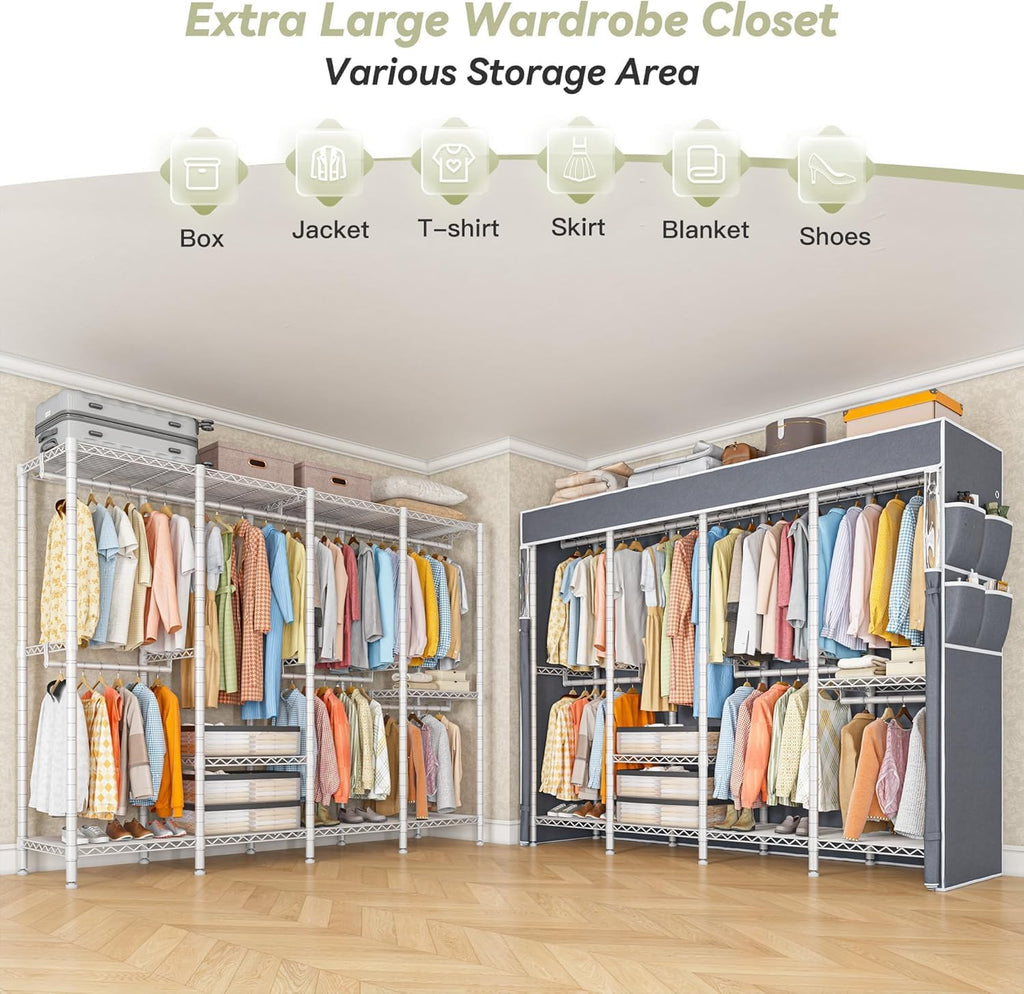 Raybee Clothes Rack with Cover,1150LBS Heavy Duty Clothing Rack for Hanging Clothes,Adjustable Portable,18' D x 76' W x 77' H,White