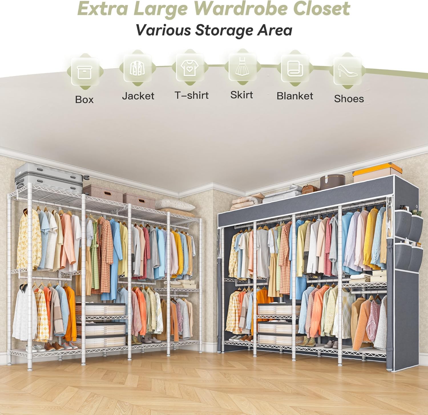 Raybee Clothes Rack with Cover,1150LBS Heavy Duty Clothing Rack for Hanging Clothes,Adjustable Portable,18' D x 76' W x 77' H,White