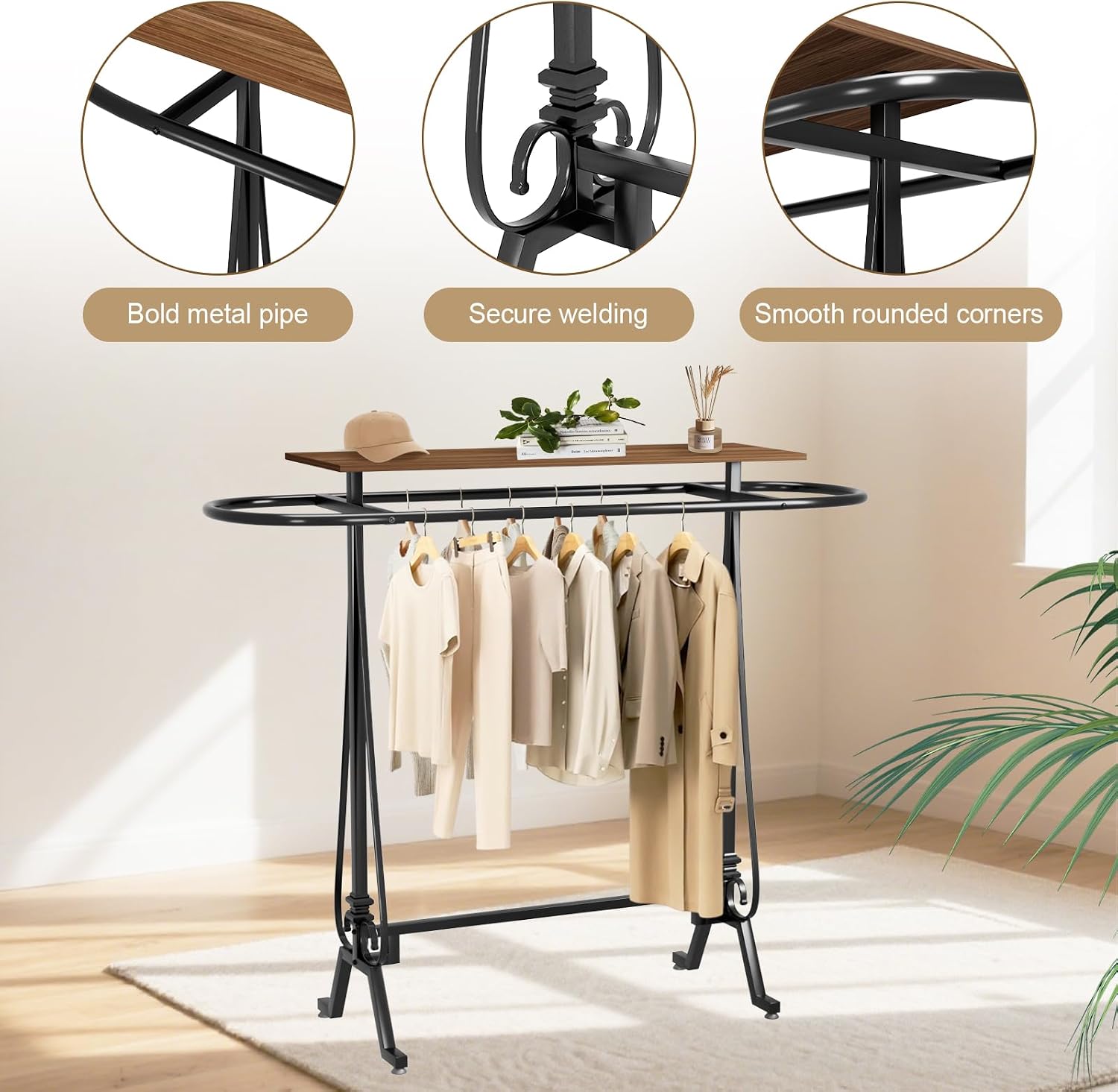 Round Garment Rack, Floor Standing Clothes Retail Display Stand, Oval Iron Clothing Rack with Wooden Topper, Suitable for Boutique Home Commercial Shop (Brown)