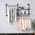 Industrial Pipe Wall-Mounted Clothing Rack with 2 Wood Shelves - Heavy Duty Double Rod Metal Garment Organizer for Bedroom/Retail Stores, Black (30H×12.5D×59W inch)