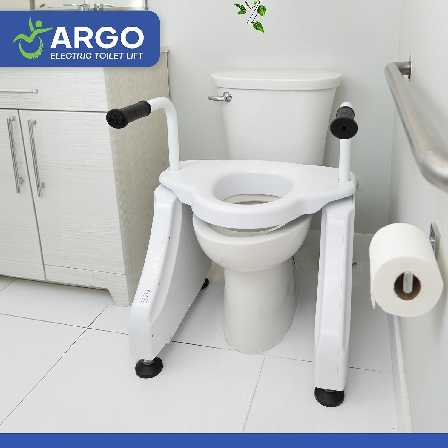Argo Electric Toilet Lift, Quiet Elevated Toilet Seat Riser for Seniors in Bathroom. Powered Toilet Lift Assist up to 450 lbs, White, Plug-in or Battery Powered