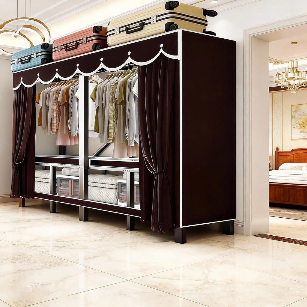 95.3in Foldable Portable Wardrobe Closet with Cover, Heavy Duty Clothing Rack for Hanging Clothes has 59in Vertical Storage Space, Coffee Metal Garment Rack (Coffee)
