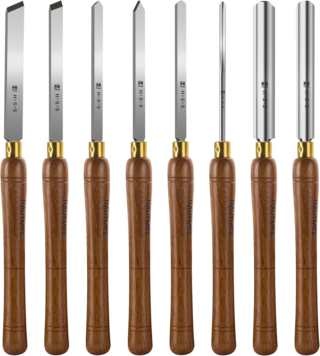 HAUTMEC Expert Wood Lathe Chisel Set 8 PCS, M2 HSS Wood Turning Tools with Teak Handles & Portable Storage Bag, Roughing Gouge, Skew, Parting, Scraper, for Beginners & Professionals - HTWCH25028