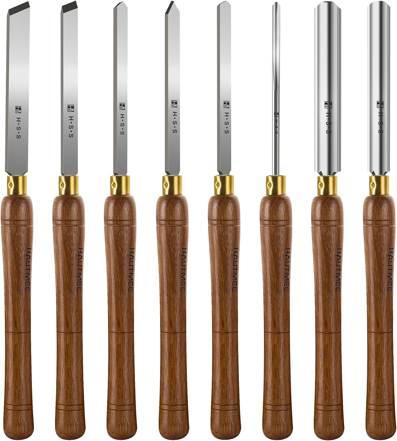 HAUTMEC Expert Wood Lathe Chisel Set 8 PCS, M2 HSS Wood Turning Tools with Teak Handles & Portable Storage Bag, Roughing Gouge, Skew, Parting, Scraper, for Beginners & Professionals - HTWCH25028