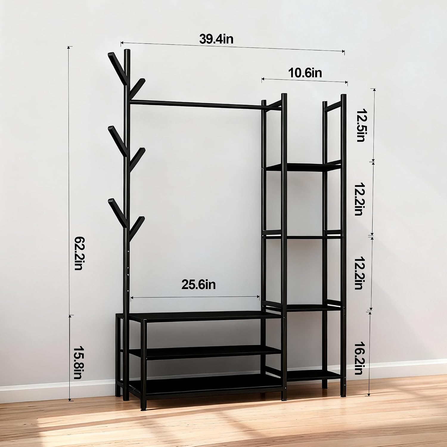 4 in 1 Freestanding Closet Organizer with Clothes Rack & Shoes Rack & 5 Side Shelves, Heavy Duty Wood Clothing Rack for Hanging Clothes, Multi-functional Wardrobe Closet for Entryway/Bedroom- Back