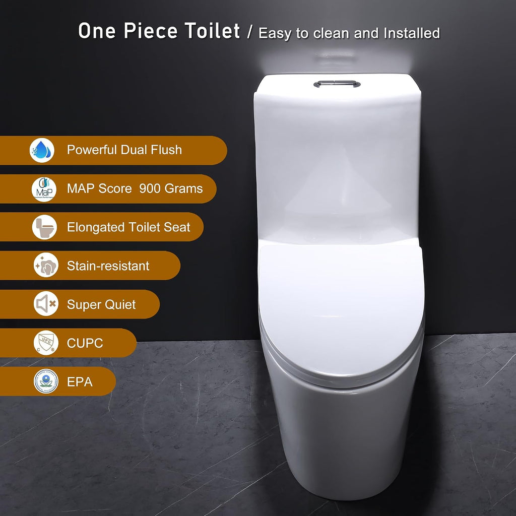 One Piece Toilet, Elongated One-Piece Toilet for Bathrooms, Dual Power Flush Toilet 1.1/1.6 GPF and MAP 900g, Soft Close, Durable Ceramic, Easy-to-Clean Surface (White)