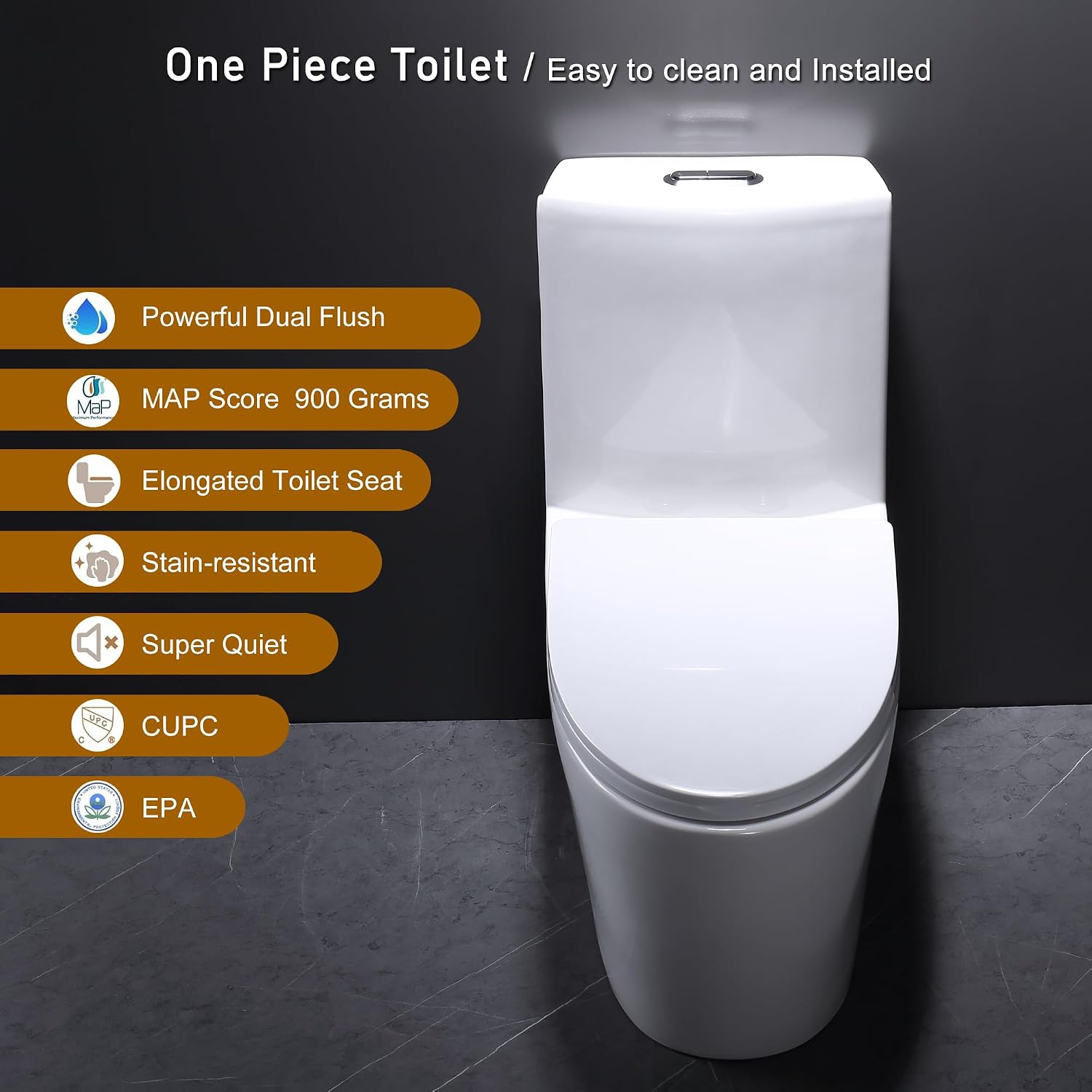 One Piece Toilet, Elongated One-Piece Toilet for Bathrooms, Dual Power Flush Toilet 1.1/1.6 GPF and MAP 900g, Soft Close, Durable Ceramic, Easy-to-Clean Surface (White)