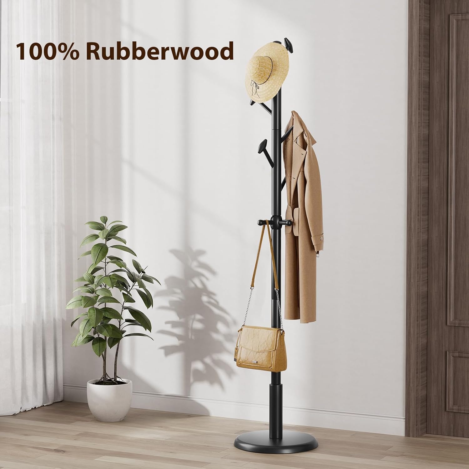 Taitiy Solid Wood Coat Rack Freestanding Coat Tree with 10 Hooks for Bedroom, Livingroom, Entryway, Sturdy Coat Hanger Stand for Hats, Coats, Scarves, Handbags, Purses