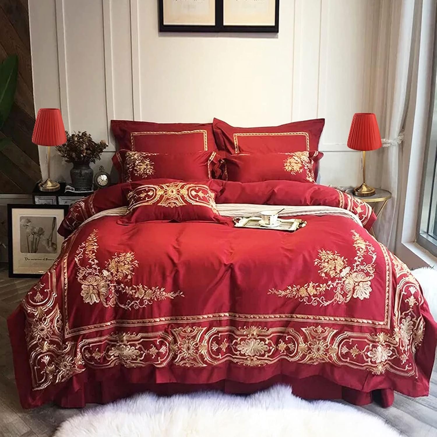 Desk Lamp Table Lamp Set of 2 for Bedroom Living Room Office Bedside Antique Brass Finish Basic Table Lamp with Fabric Shade, Red Eye-Caring Desk Light