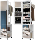 Hzuaneri 8 LEDs Jewelry Cabinet Armoire, 66.9-inch Jewelry Organizer with Garment Rack, Lockable Full-length Mirror with 4 Wheels, Storage Shelves with Hooks, 5-in-1, White and Beige JC17003B