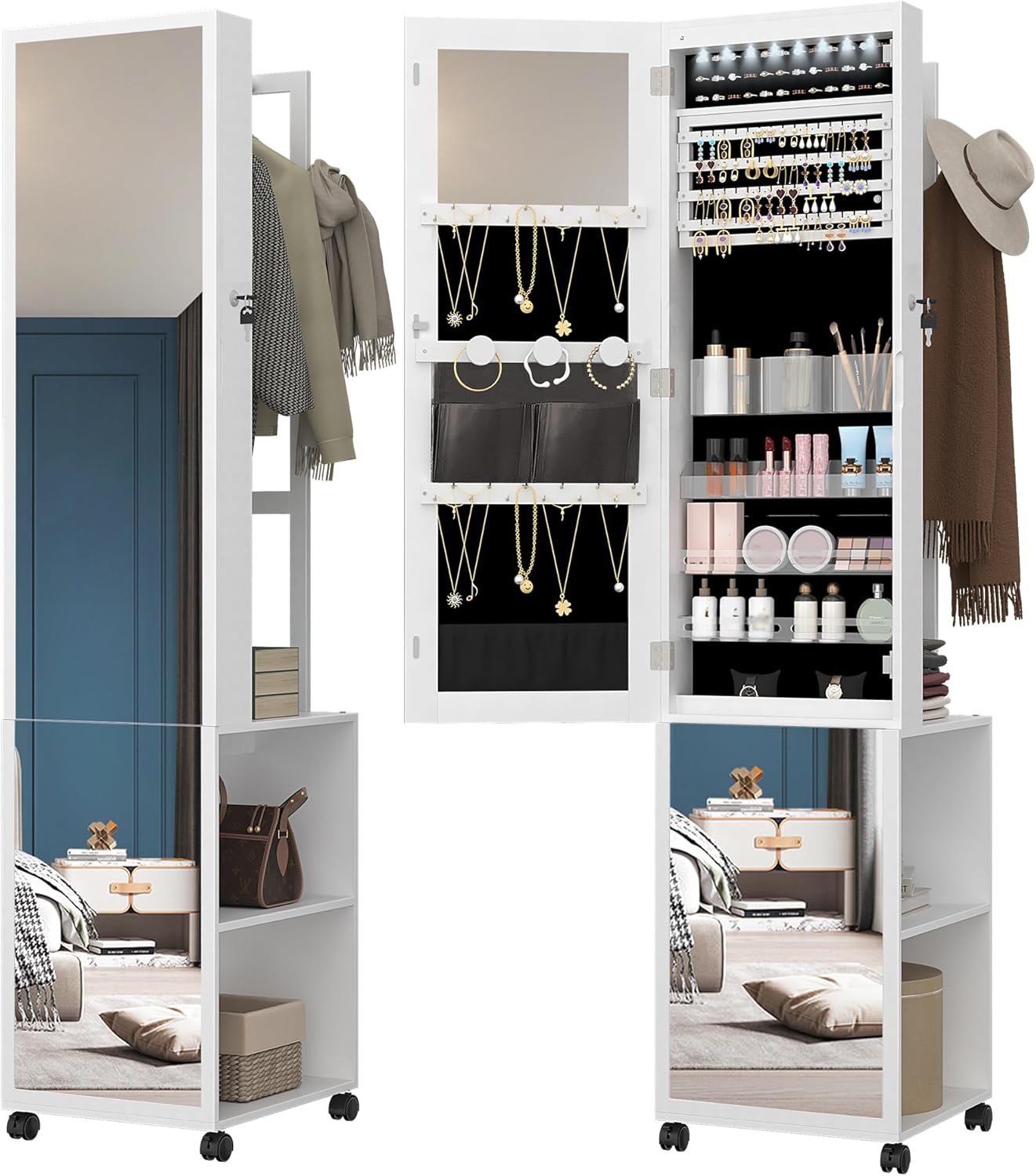Hzuaneri 8 LEDs Jewelry Cabinet Armoire, 66.9-inch Jewelry Organizer with Garment Rack, Lockable Full-length Mirror with 4 Wheels, Storage Shelves with Hooks, 5-in-1, White and Beige JC17003B