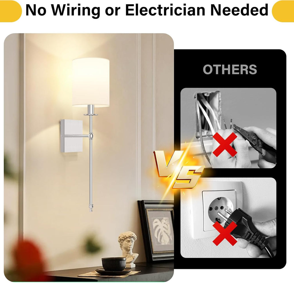 27 Inch Battery Operated Wall Sconces Set of 2 with Remote, Brushed Nickel Rechargeable Wireless Wall Lights with White Fabric Shade, Cordless Wall Lamps with Dimmable Detachable Bulbs for Bedroom