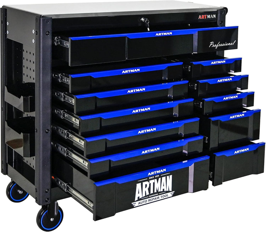 Large Tool Chest with Wheels, Rolling Toolbox with Drawers, Metal Storage Tool Cart with 41'' Stainless Steel Top and Side Handle for Garage, Shop (Bonus Drawer Liners) — Black/Blue