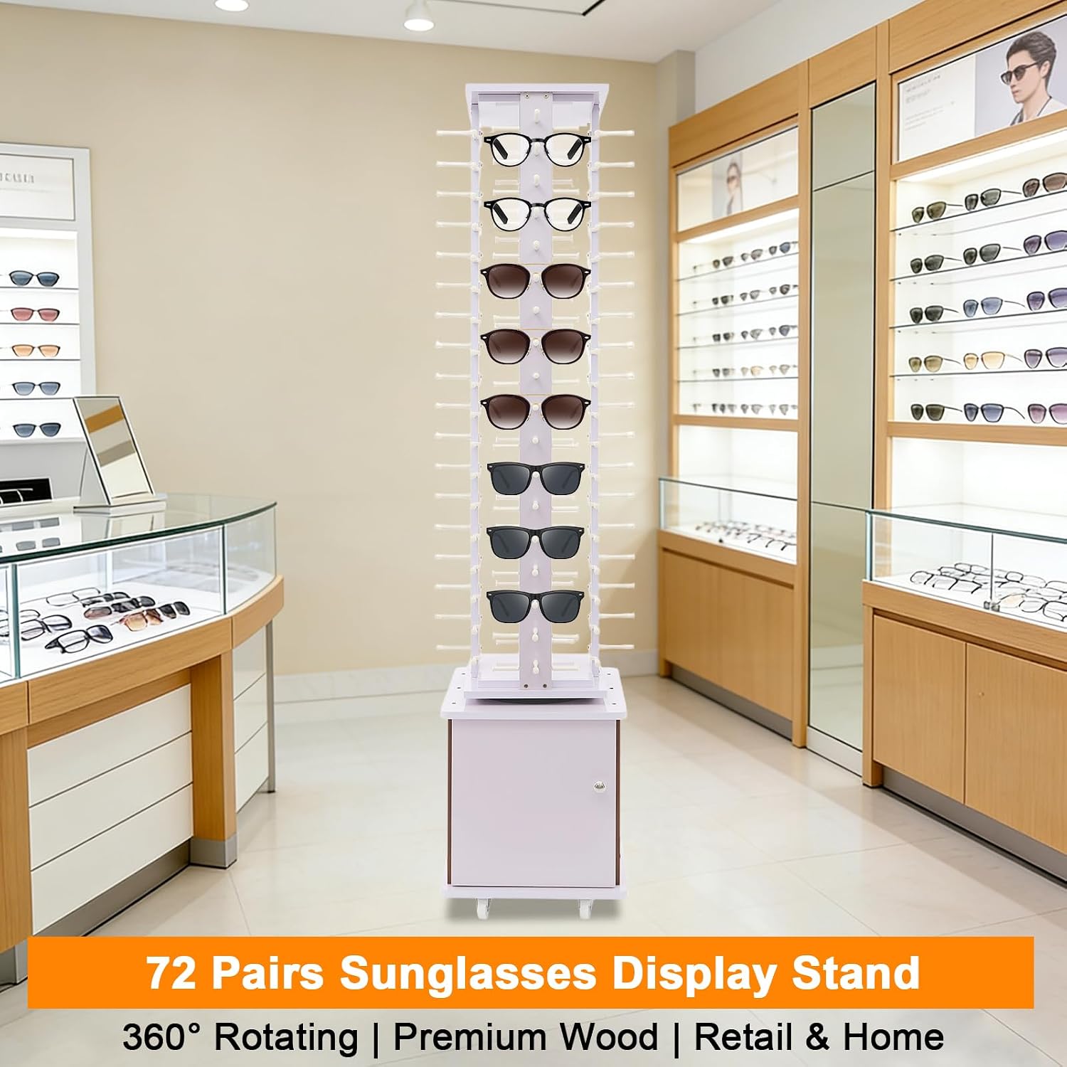 360° Rotating Wooden Sunglasses Display Stand, Holds 72 Pairs, Sleek Retail Organizer for Eyewear, Ideal for Store Showcases and Commercial Use